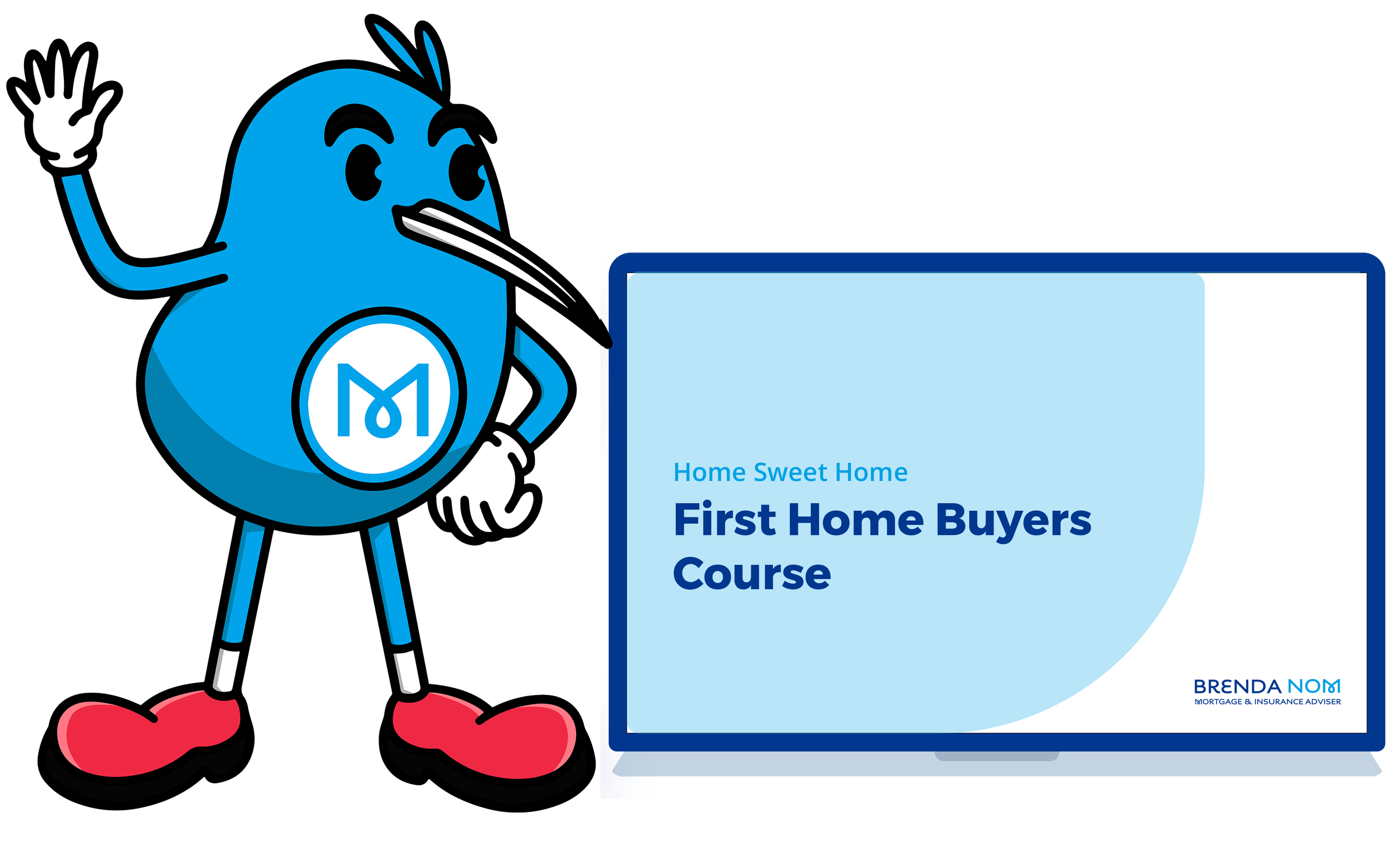 Blue kiwi mascot beside a laptop showing the "Home Sweet Home: First Home Buyers Course" slide.