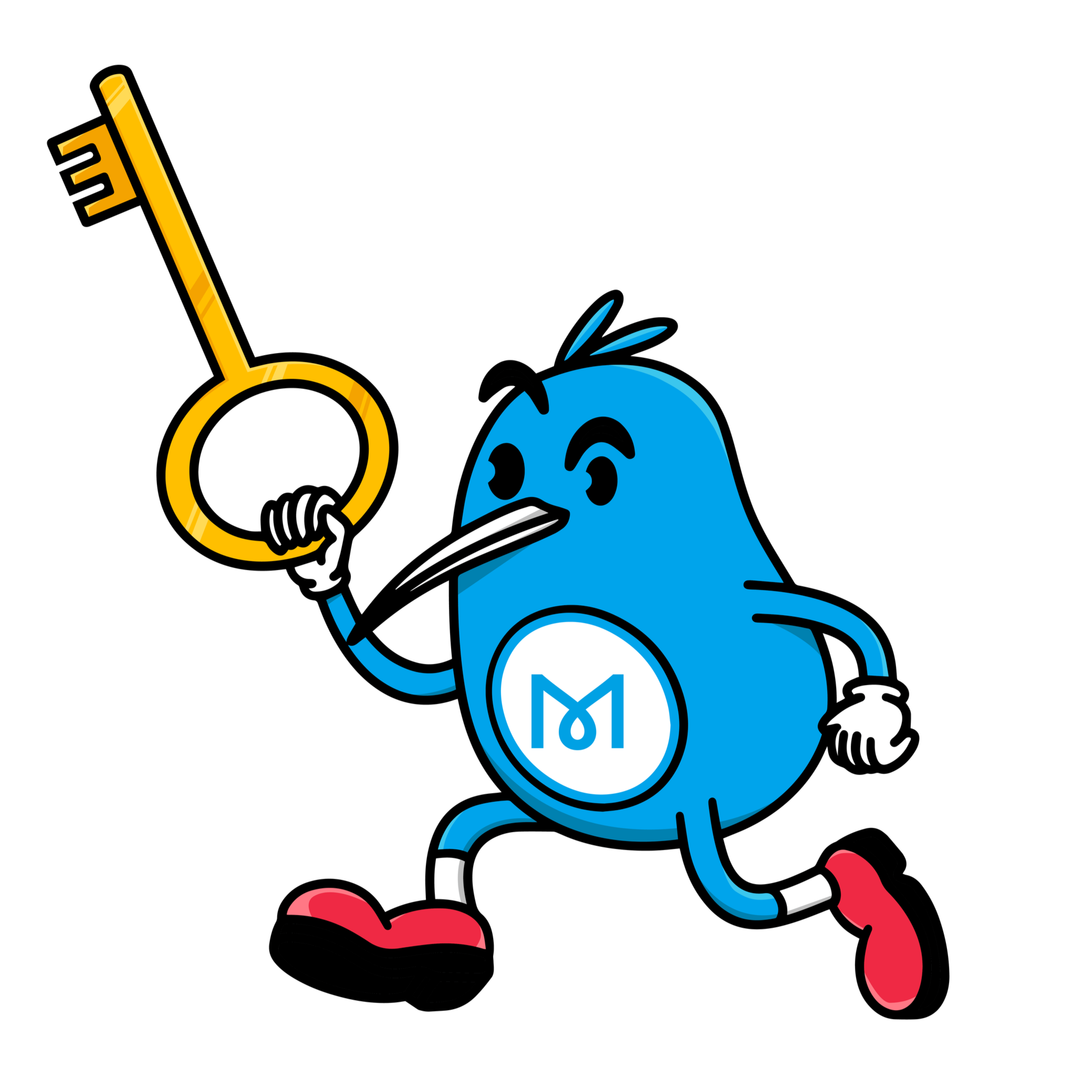 Blue kiwi mascot running with a large golden key.