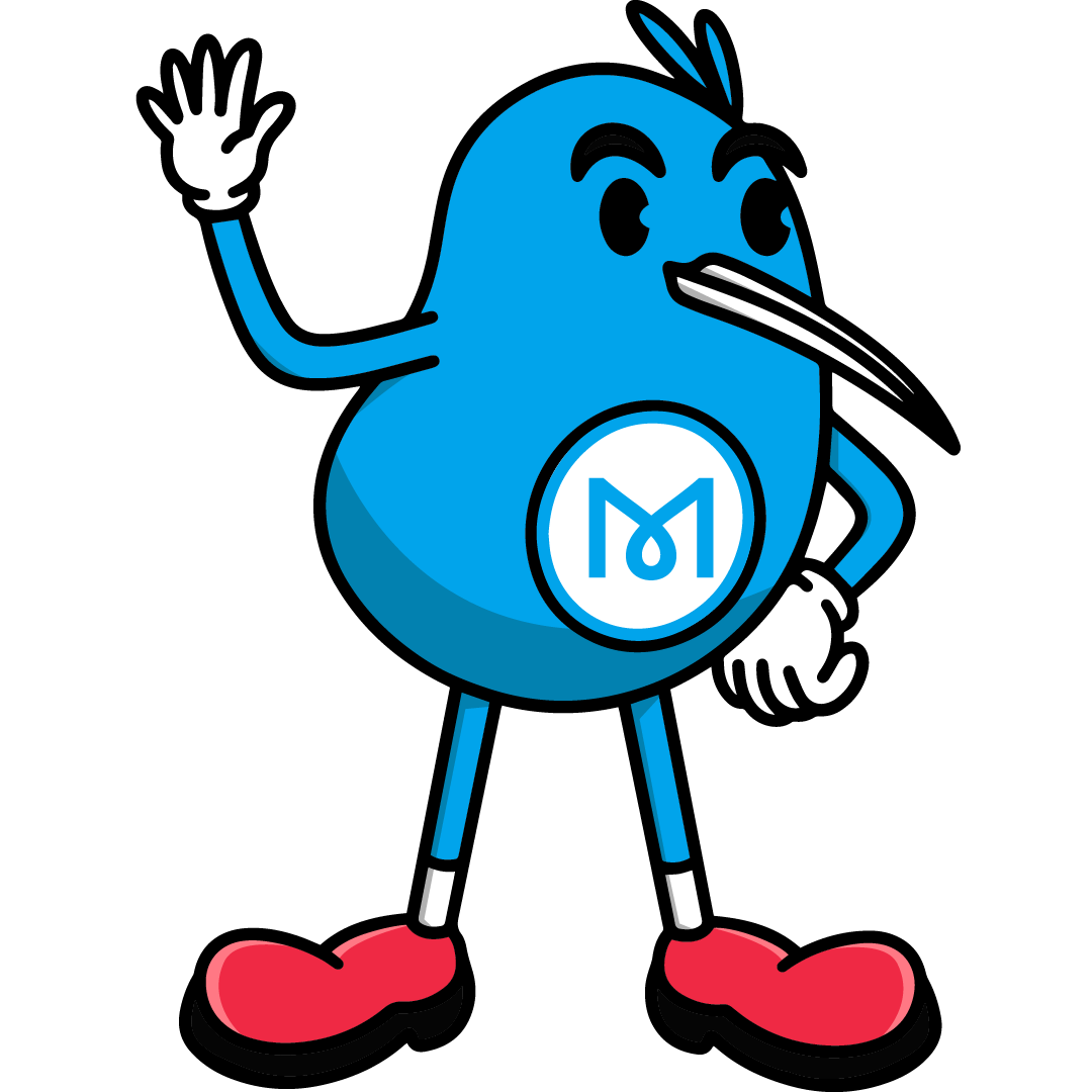 Blue kiwi mascot with an "M" badge on its chest, waving and smiling.