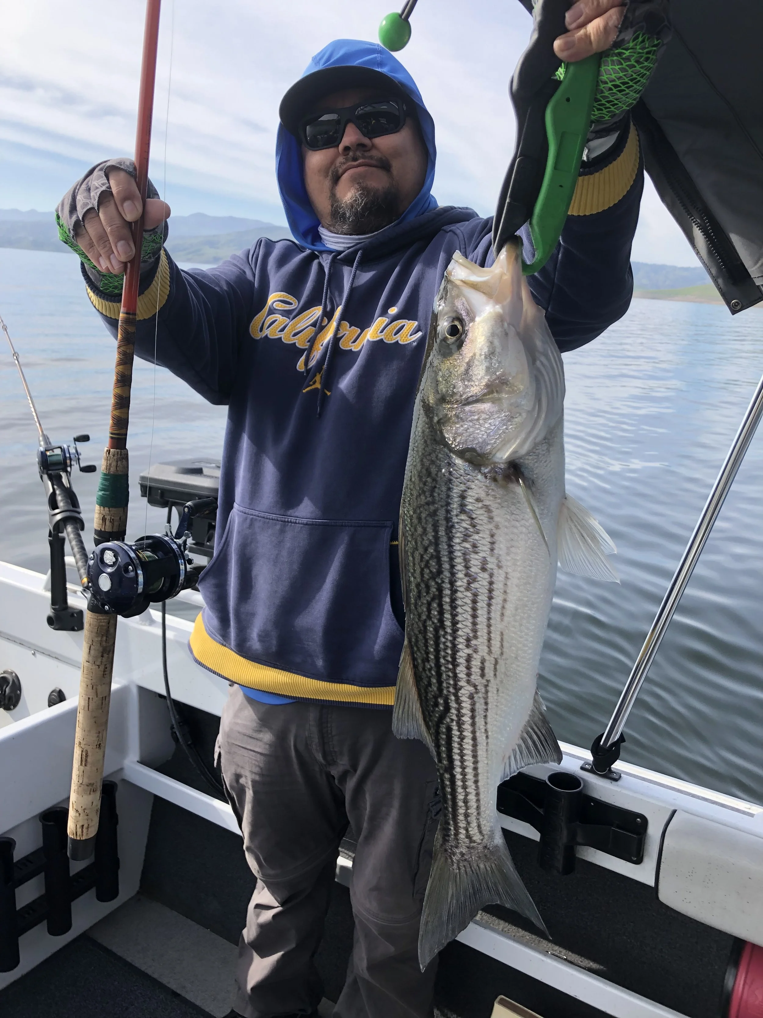 A man on a boat holding up a large striped bass fish he caught with fishing equipment, wearing sunglasses, a blue hoodie, and gray pants, with water and mountains visible in the background.