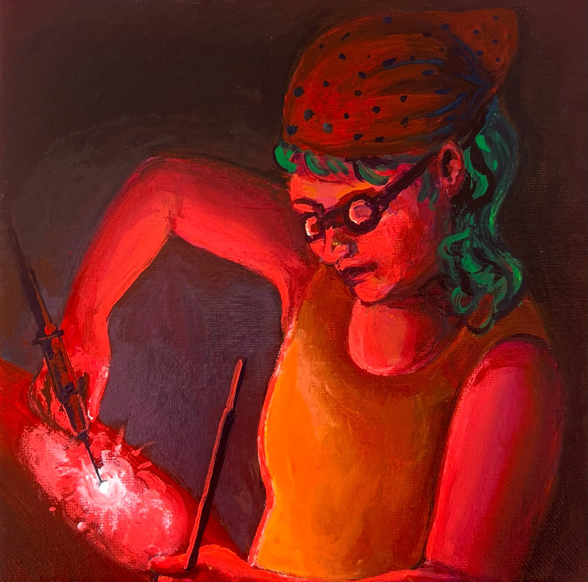 The Mechanic (Emma), acrylic on canvas, 8" x 8," 2026