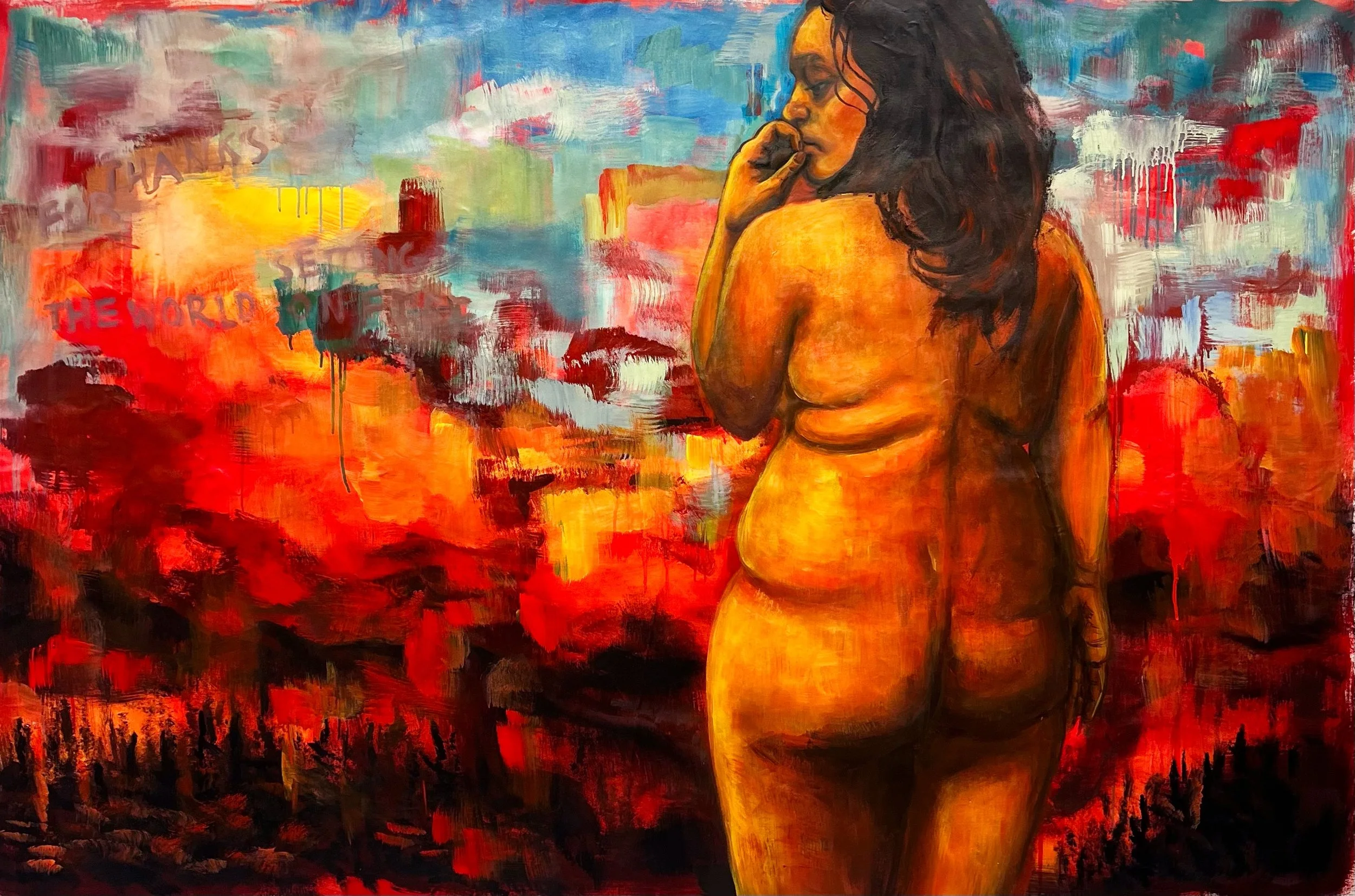 Thanks For Setting The World on Fire, acrylic on canvas, 72" x 48"