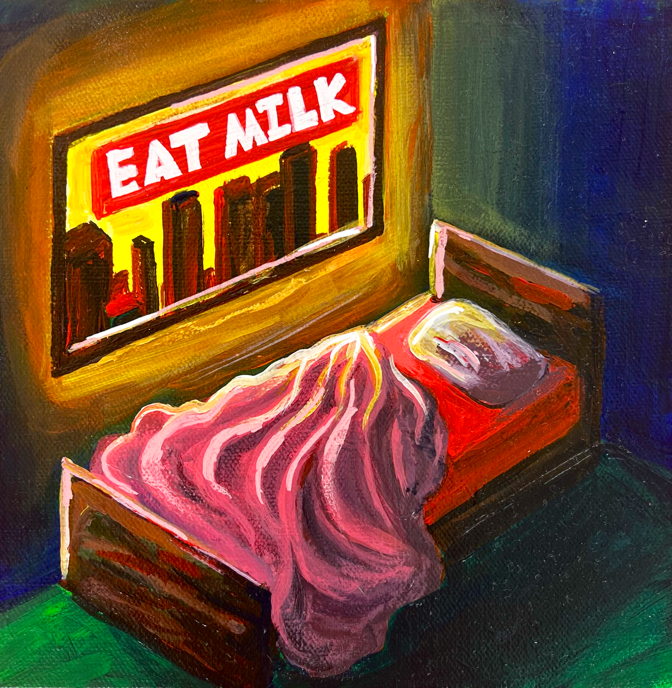 Eat Milk!, acrylic on canvas, 8"x8", 2026