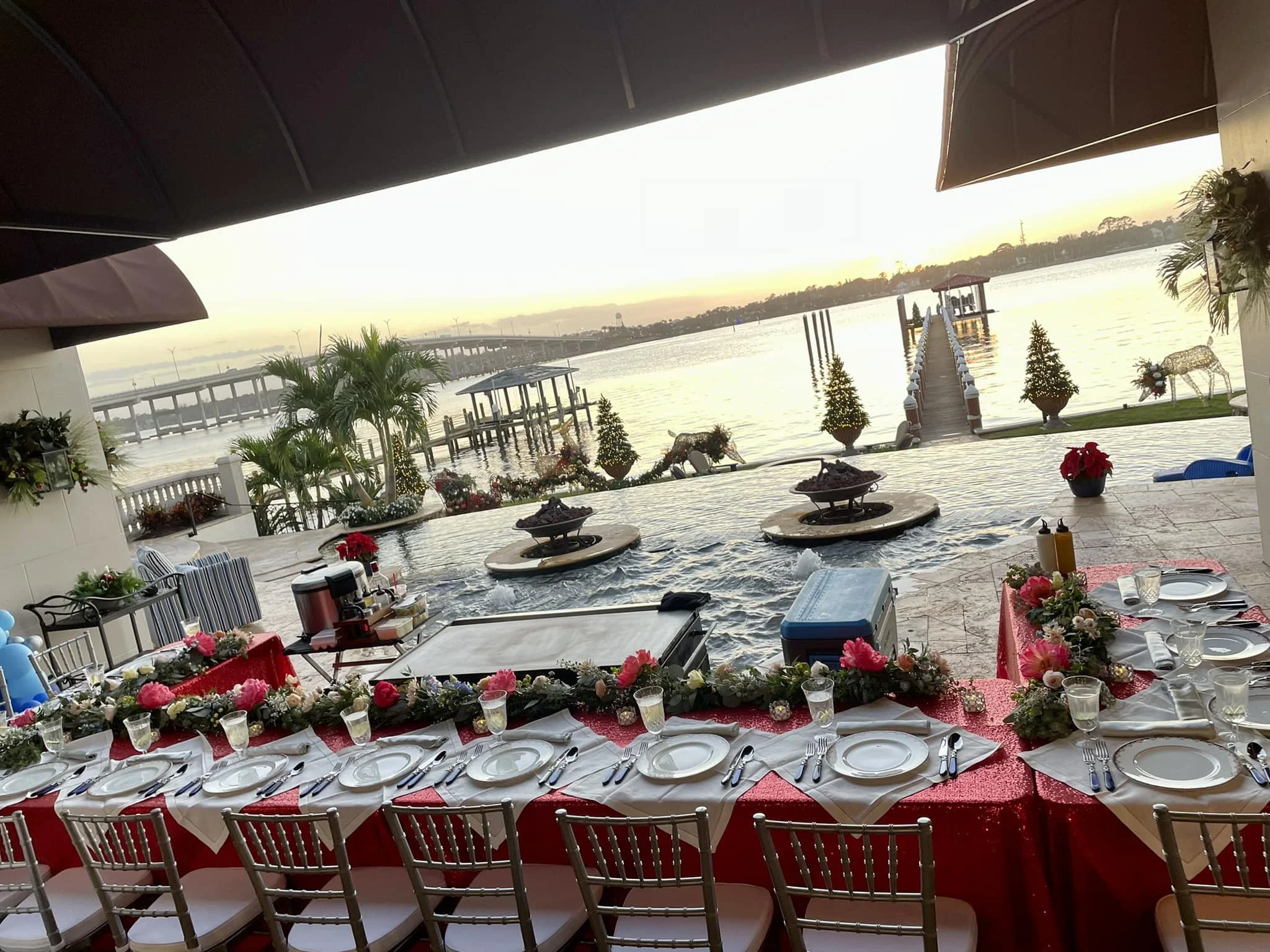 Scenic Backyard Hibachi dining experience by the water, providing a unique and premium setting for your next Family Gathering or private event.
