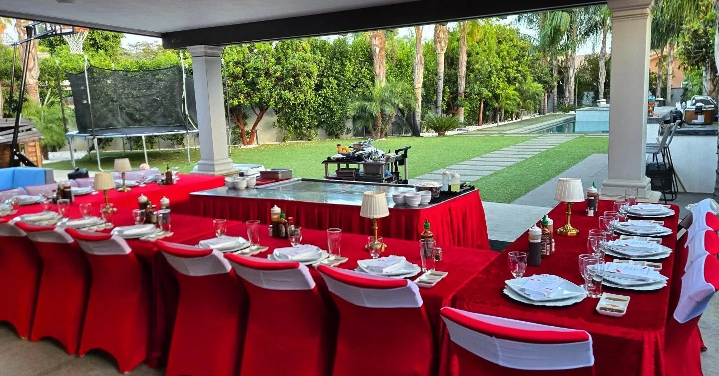 Professional Hibachi at Home dining setup with vibrant decor, ideal for a Family Gathering or Kids Friendly backyard party in our service areas.