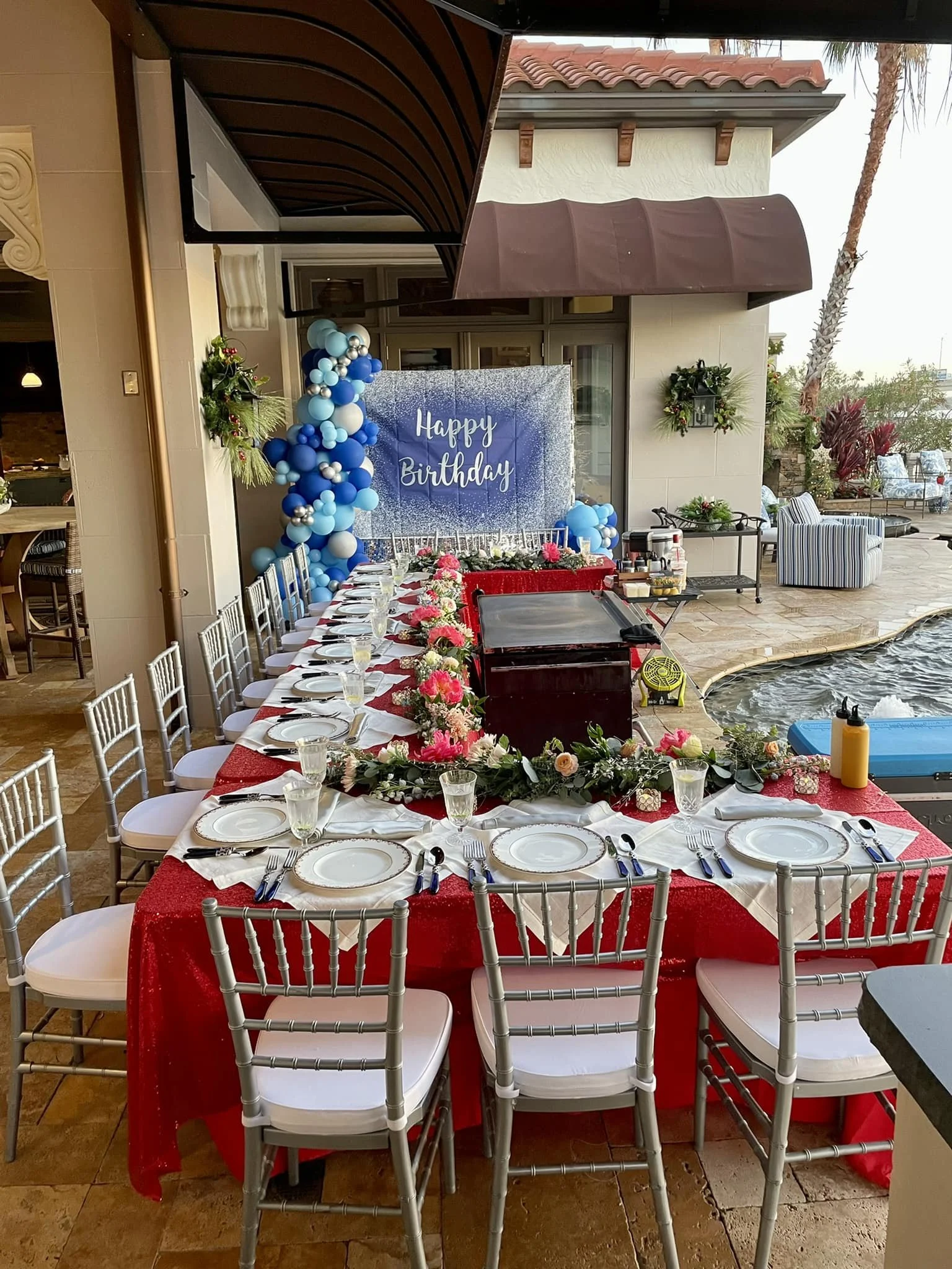 Beautiful Hibachi at Home setup for a festive Birthday Party, featuring elegant table decor and a Kids Friendly atmosphere perfect for any outdoor celebration.