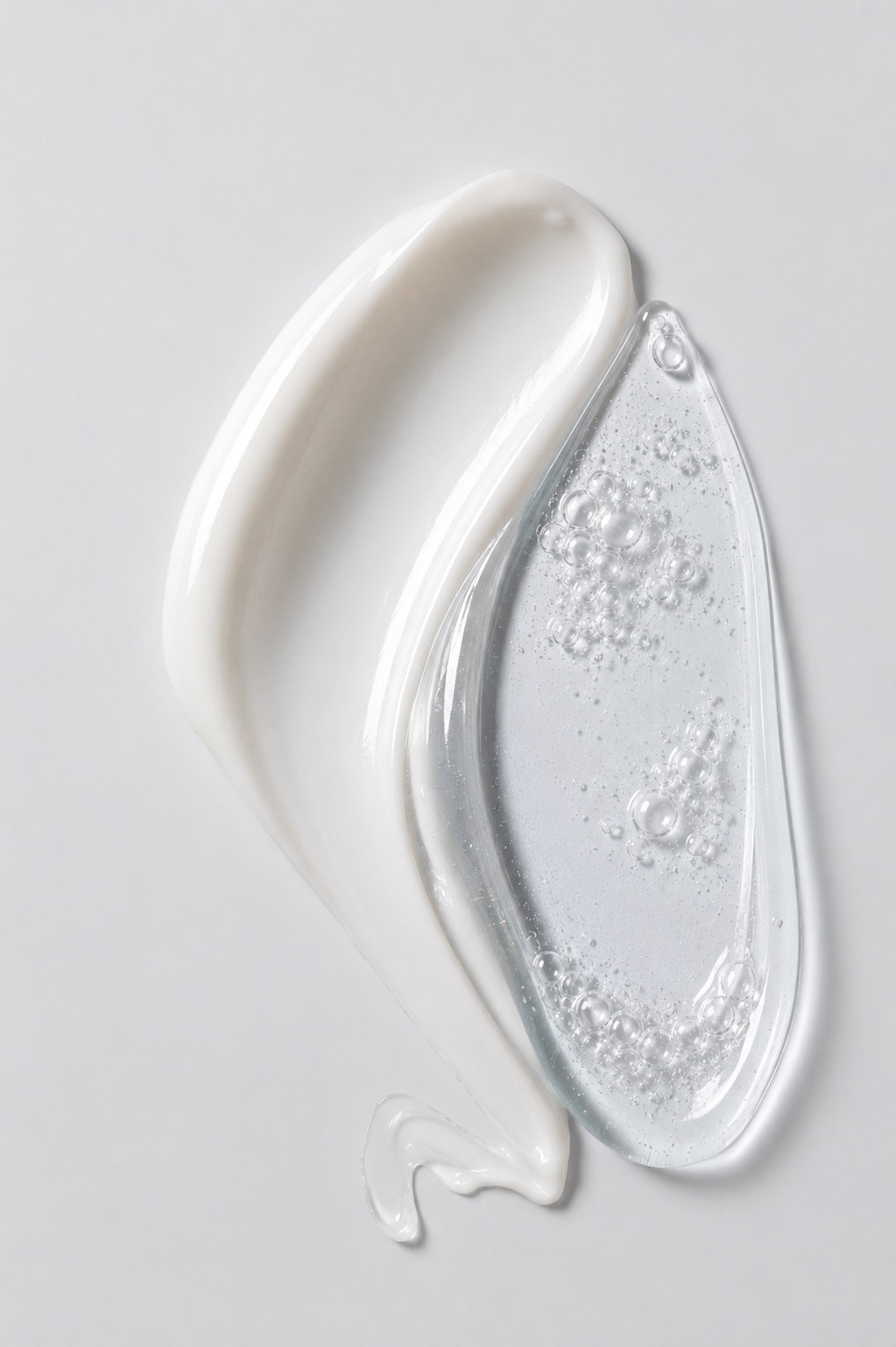 Clear gel texture swatch with bubbles, representing a cosmeceutical formulation.