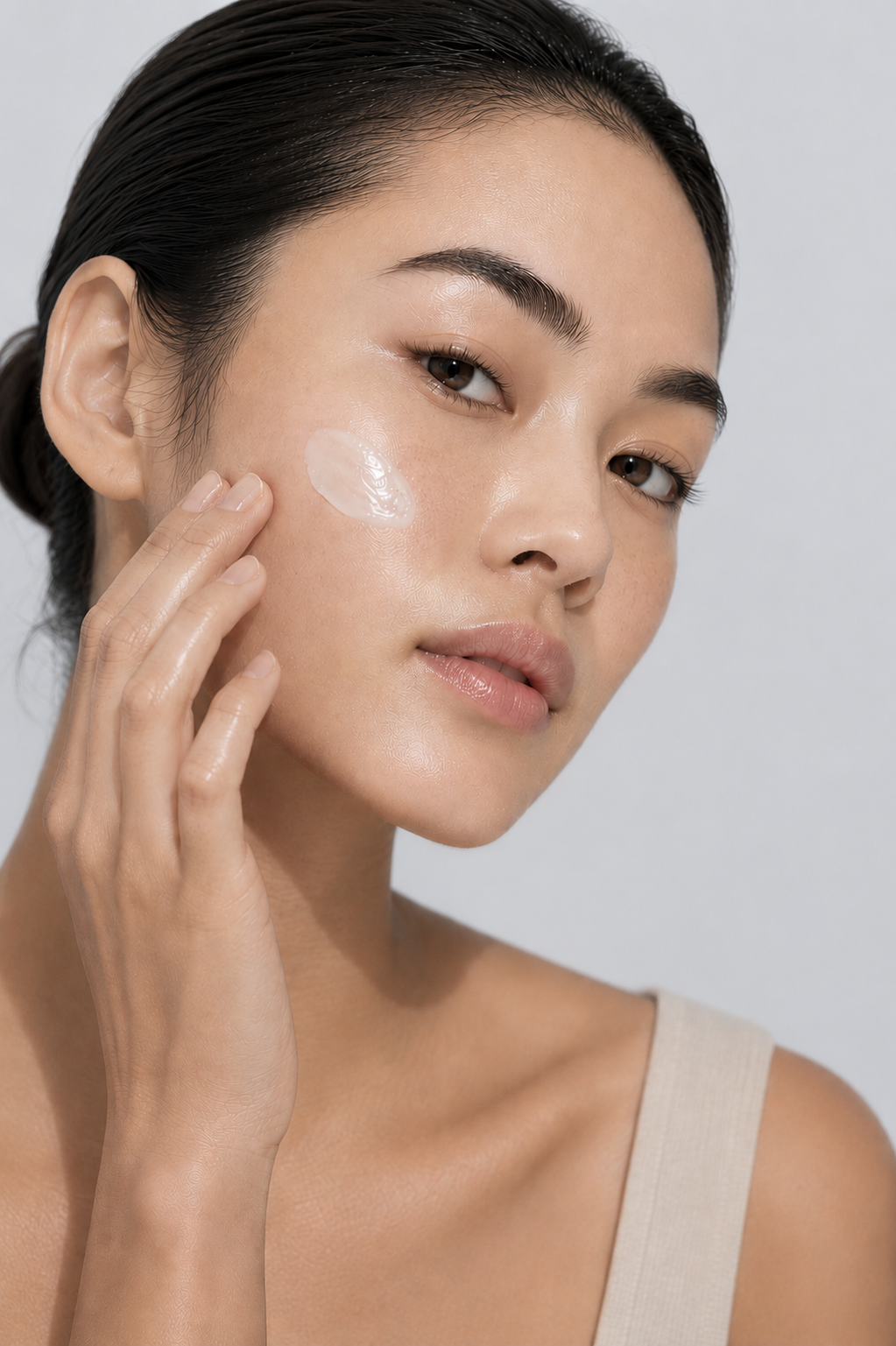 Woman applying moisturizer to her cheek, showcasing a skincare product.