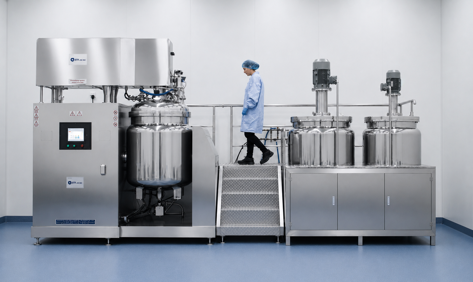 Technician in protective gown, gloves, and hairnet walking past stainless steel emulsifying and mixing tanks on the manufacturing floor.
