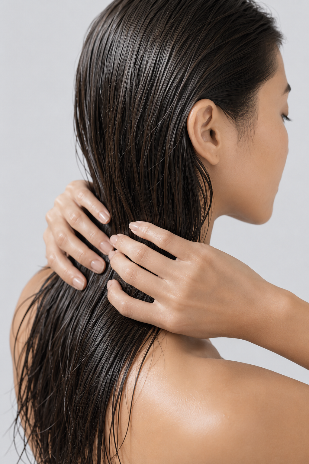 Woman applying a haircare product to the ends of her wet hair.