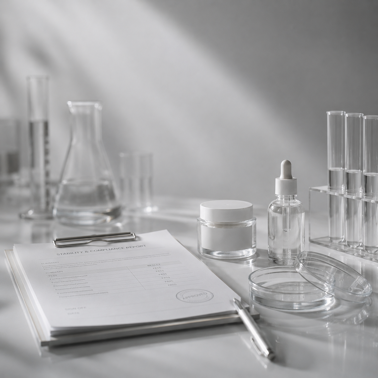 Lab glassware, skincare jars, and compliance documents arranged on a table.