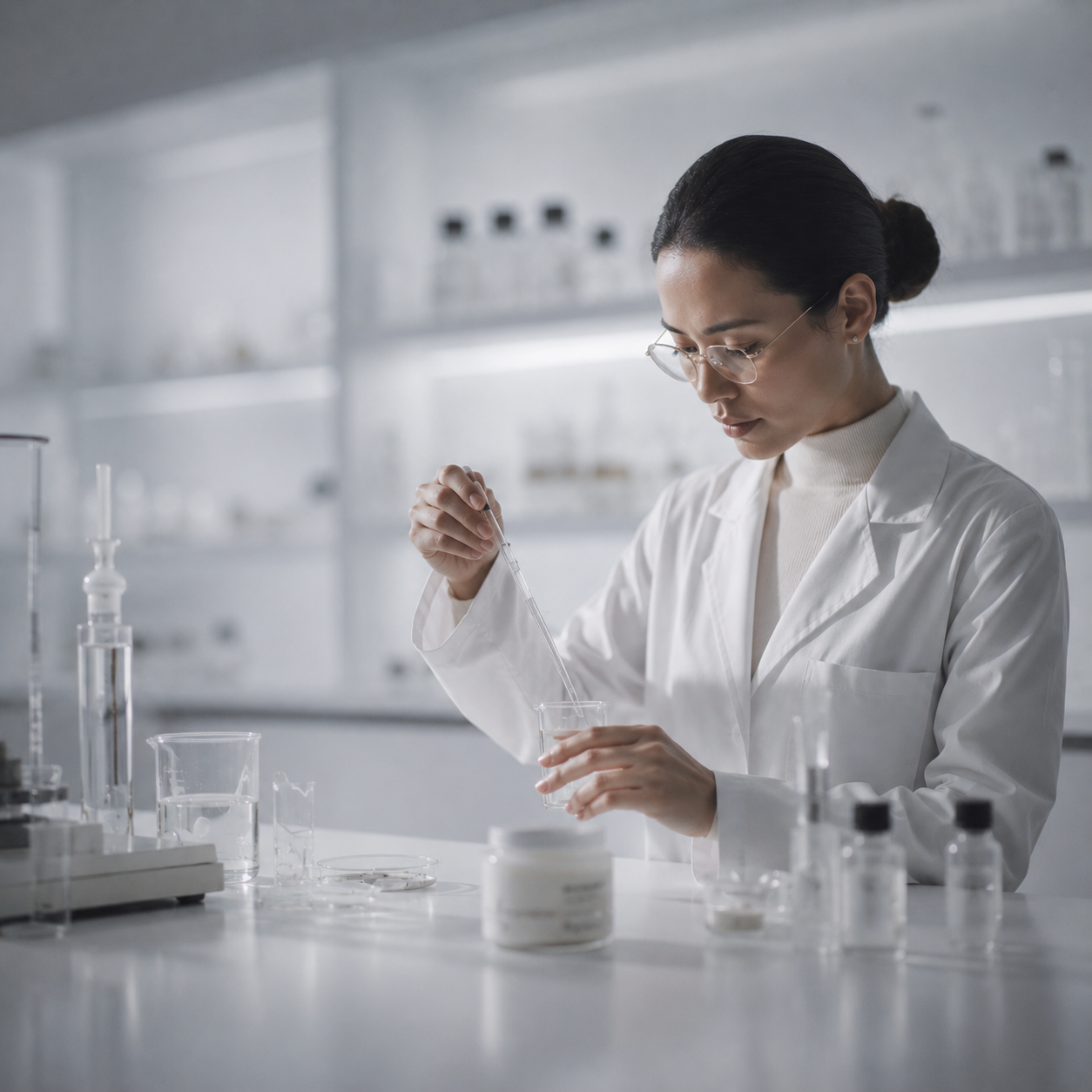 Scientist in a lab coat handling formulation samples surrounded by lab equipment.