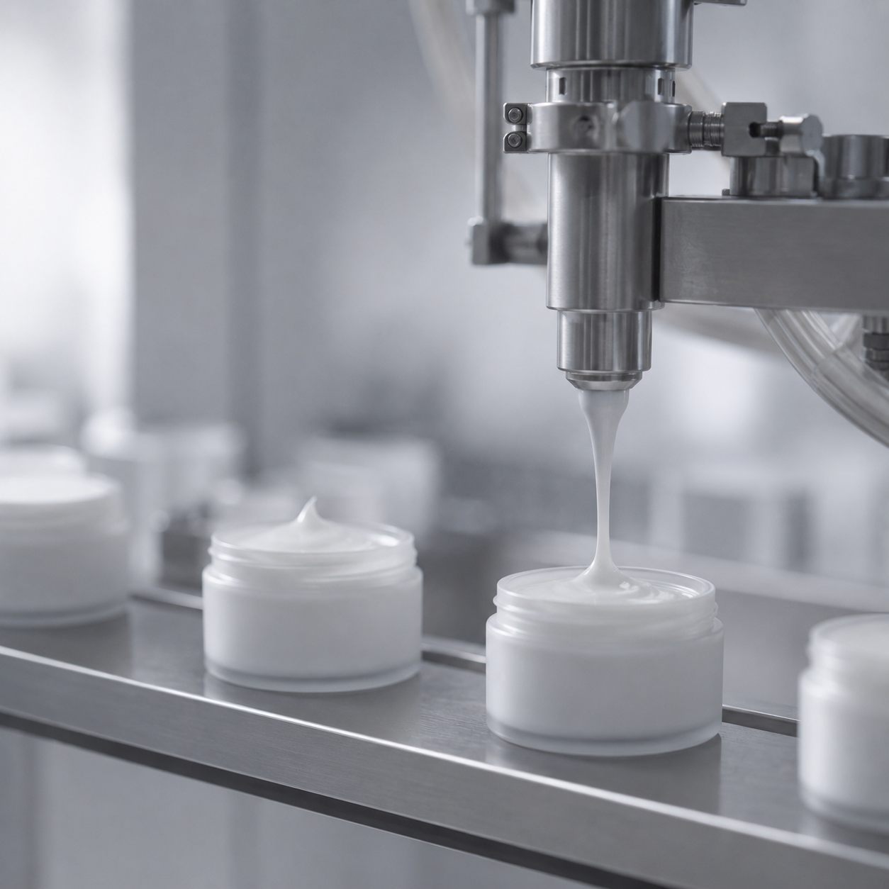 Automated filling line dispensing cream into jars on the production line.