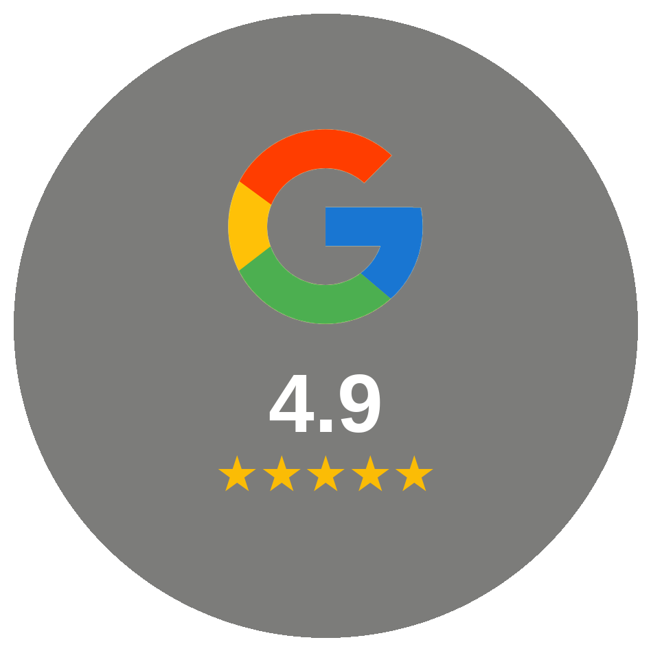 Google review badge with a 4.9-star rating, five gold stars, and a circular gray background.