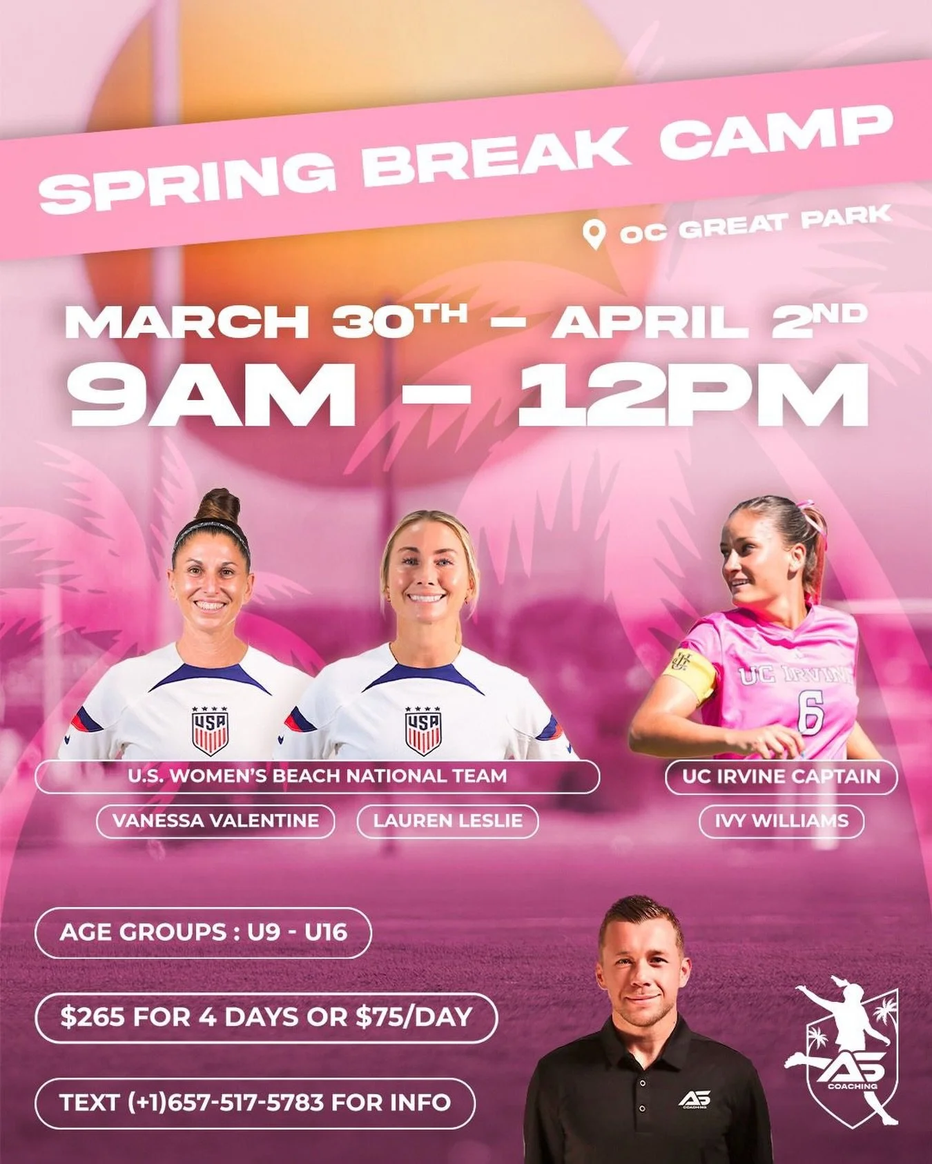 🌴 AS Coaching | Spring Break Camp ⚽️

Join us for a week of high-level training alongside top female players &amp; coaches!

Limited spots available.
📩 DM or text +1 (657) 517-5783 to register.