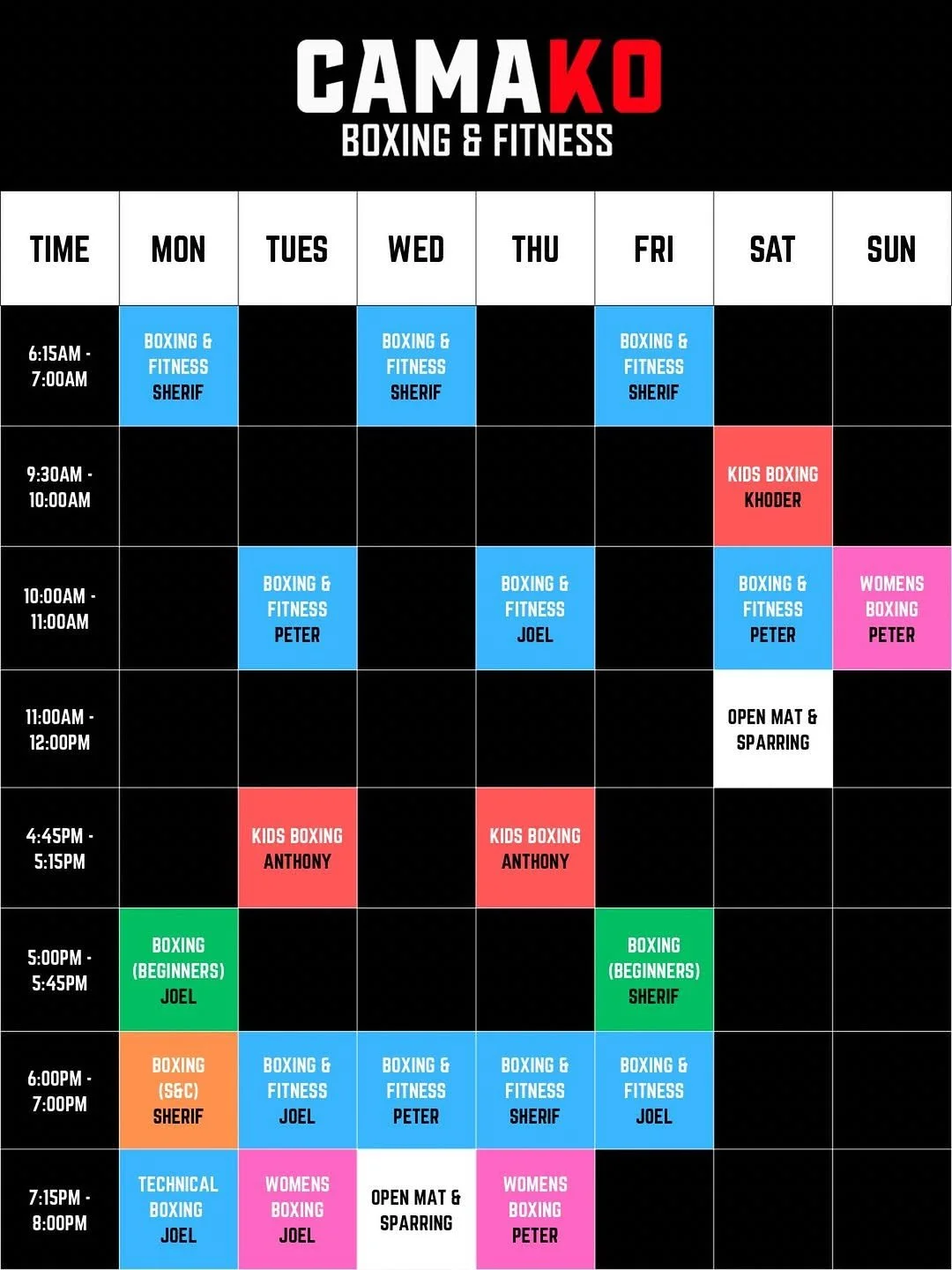 Weekly schedule for CAMA KO Boxing & Fitness with classes for different age groups and skill levels, including times for boxing, women’s boxing, kids boxing, open mat & sparring, and technical boxing.