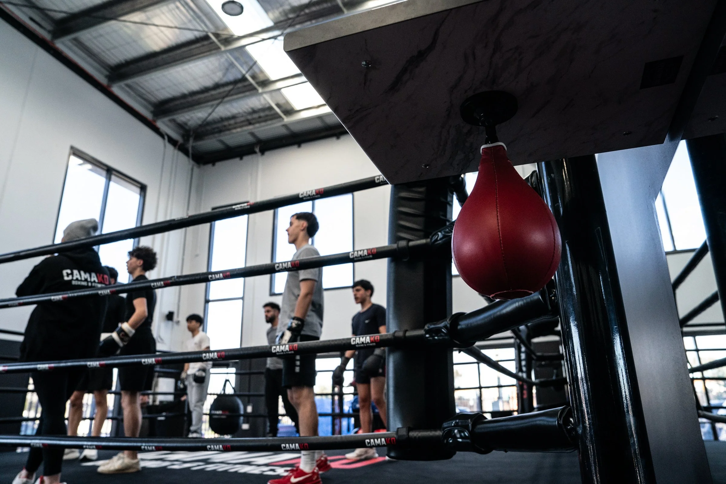 Boxing gym with a focused group of people, with a punching bag hanging in the foreground and large windows allowing natural light, in an industrial-style space.