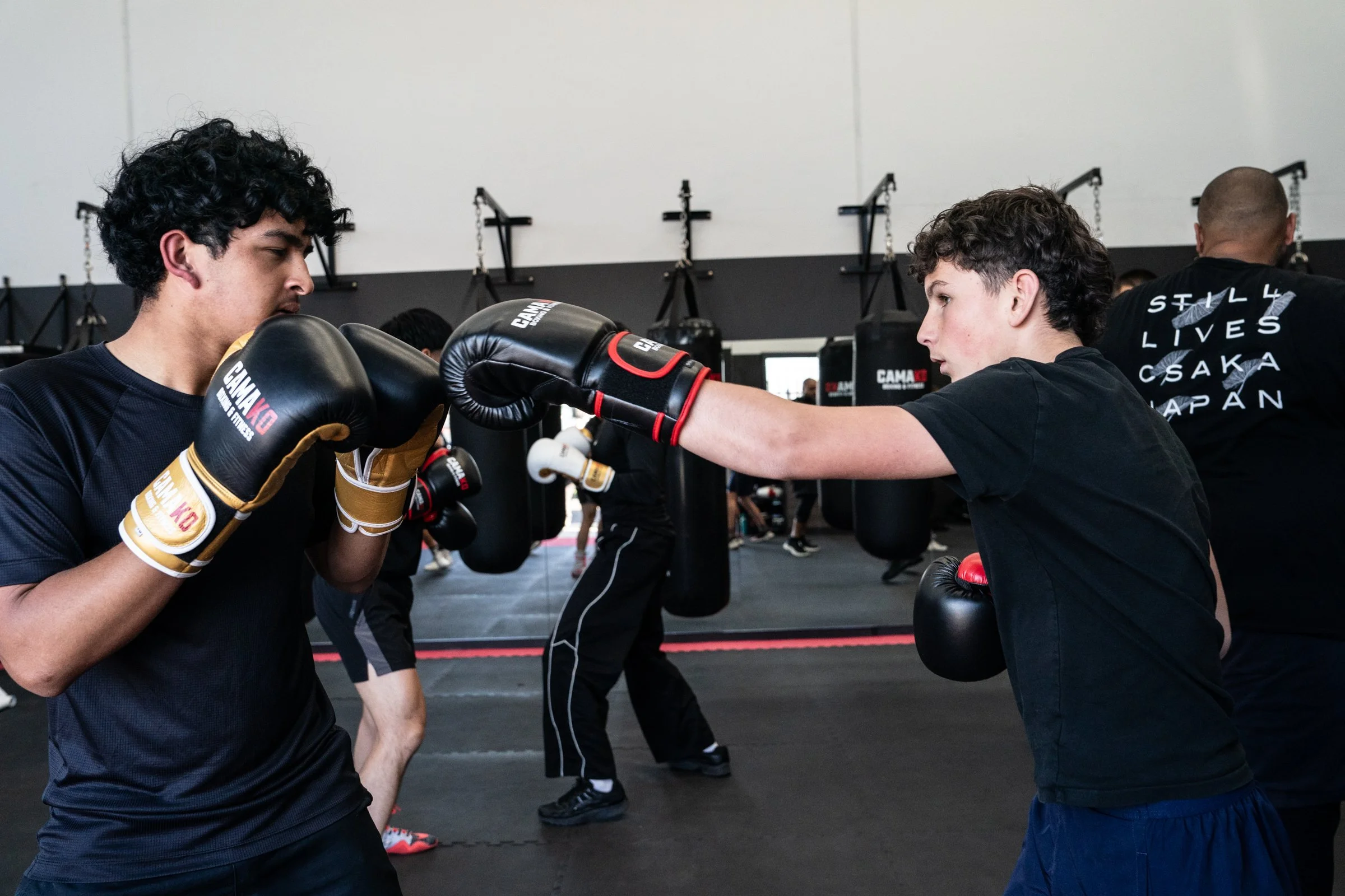 Two young men practicing boxing in a gym, facing each other with gloves up, in a sparring session.