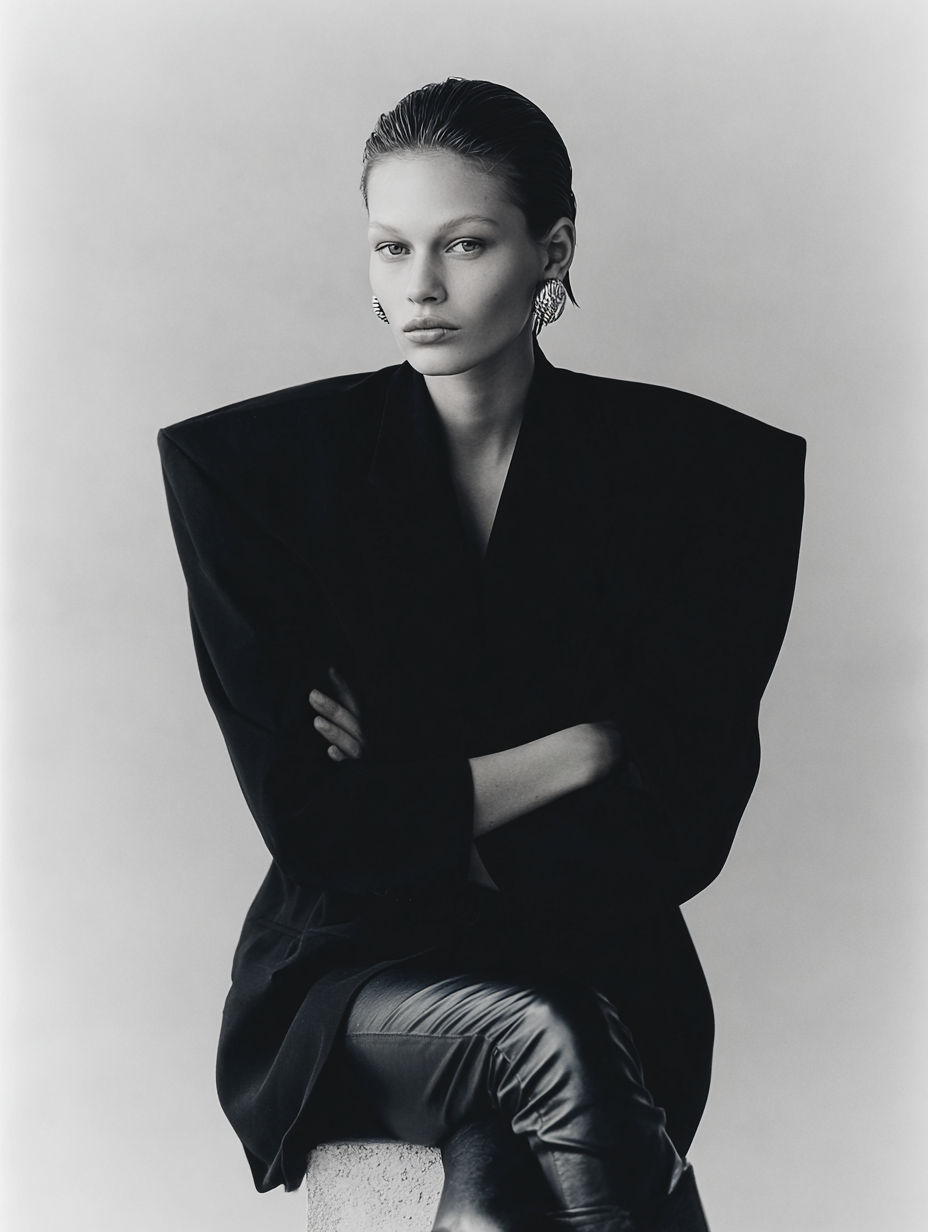 Black and white portrait of a woman with slicked-back hair, wearing a dark blazer with padded shoulders, large earrings, and leather pants, sitting with her arms crossed.