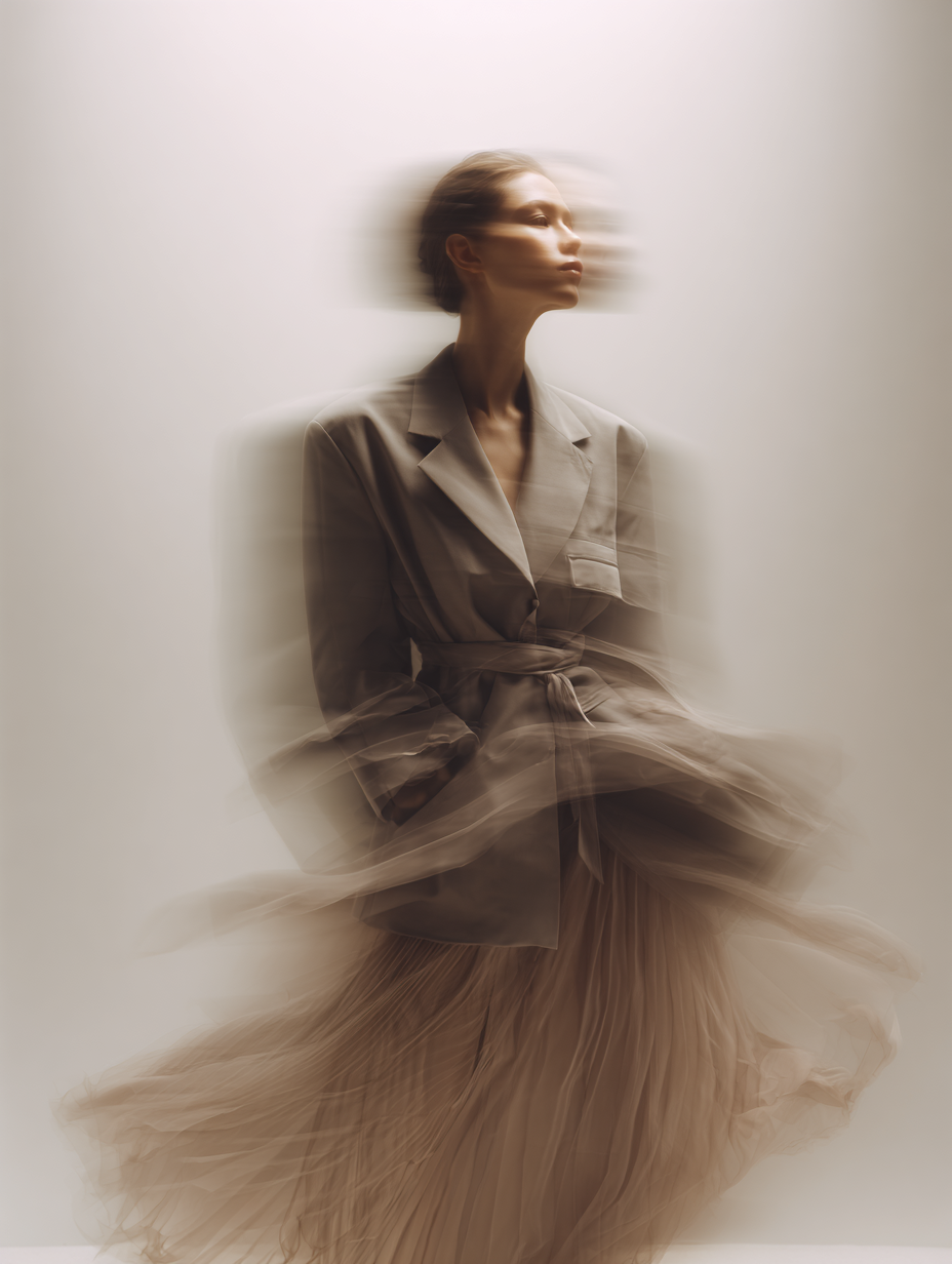 Blurry photo of a woman in a beige trench coat and pleated skirt, seated against a plain light background.