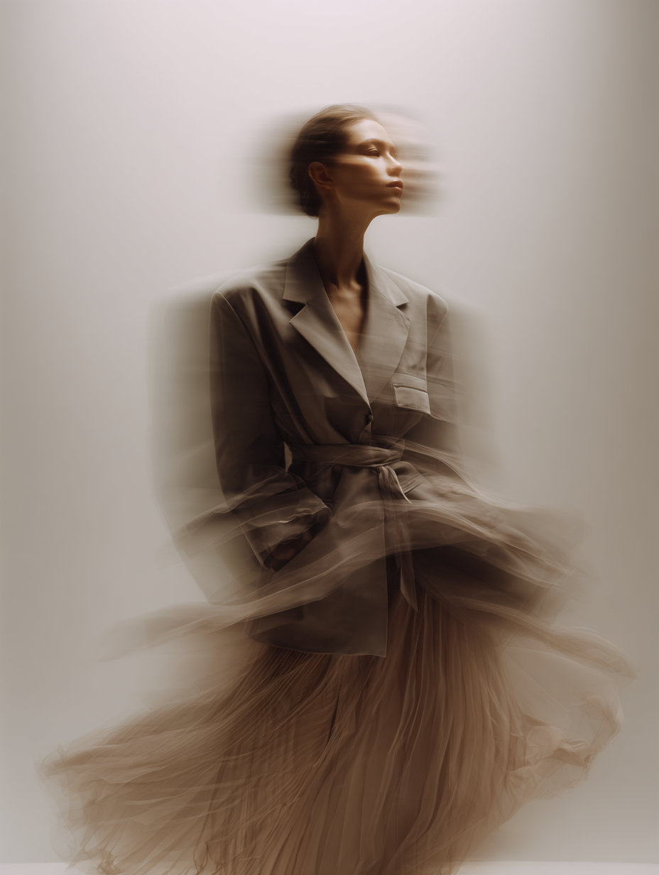 A woman in a trench coat and pleated skirt sitting against a plain wall, with a motion blur effect creating a sense of movement and multiple exposure.