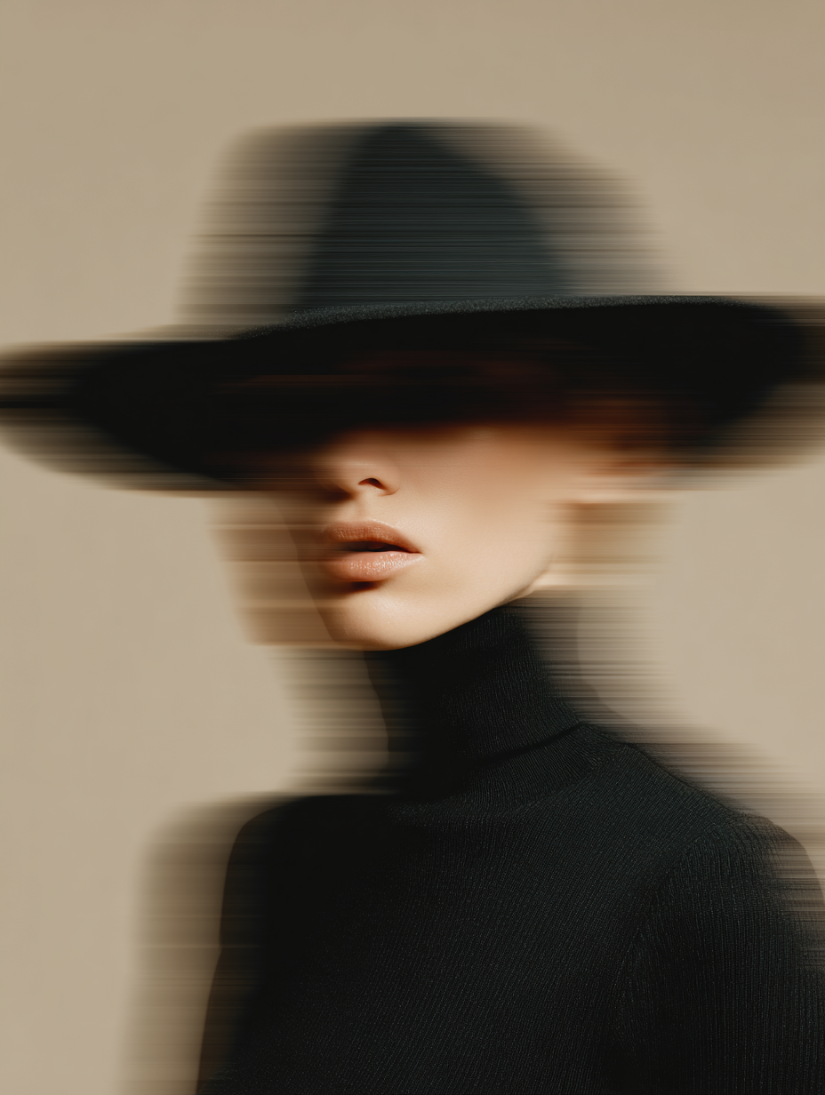 A woman wearing a black turtleneck and large black hat with a wide brim, with a motion blur effect across the image.