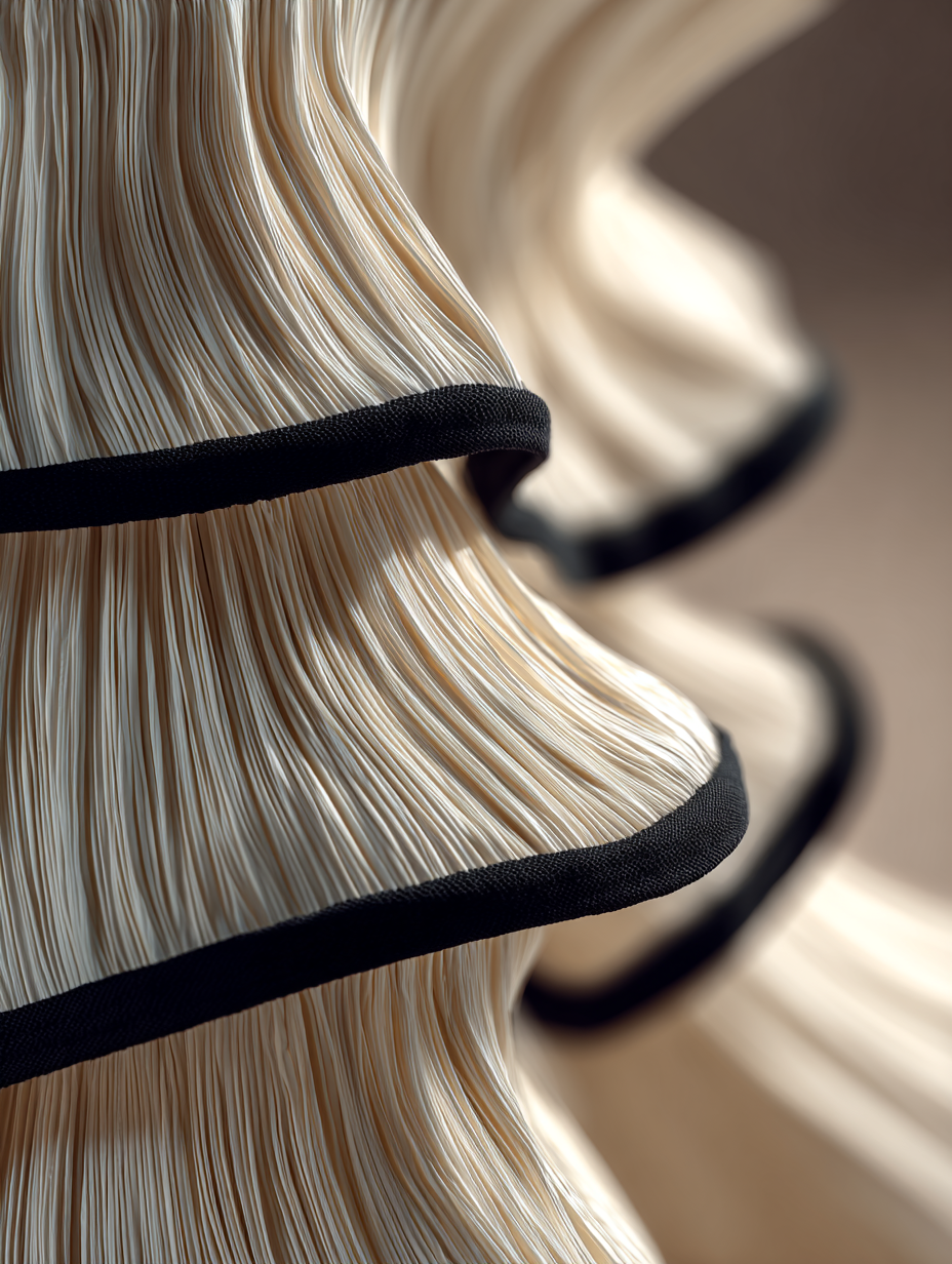 Close-up of blonde wig on a wig stand with black trim.