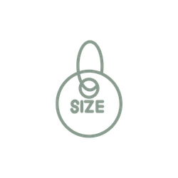 A small circular tag with a smiley face, the word 'SIZE' written underneath, and an attached string loop.