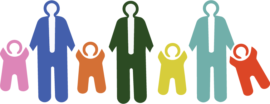 Illustration of three adult figures holding hands with four small children, each figure in different colors. WHCCNS