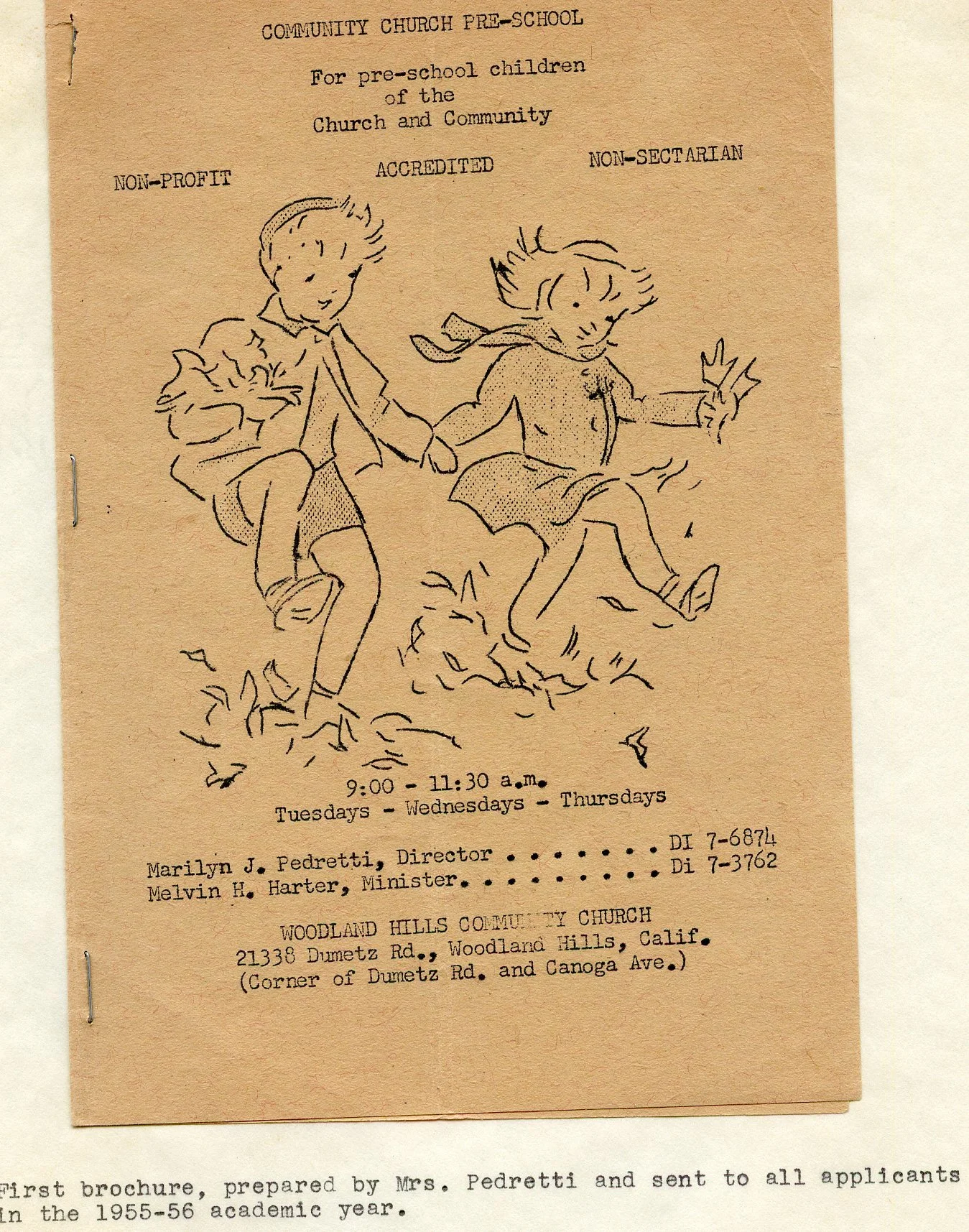 Hand-drawn flyer for community church pre-school with an illustration of two children holding hands and jumping. Text includes details about the preschool's schedule, contact information, and location.