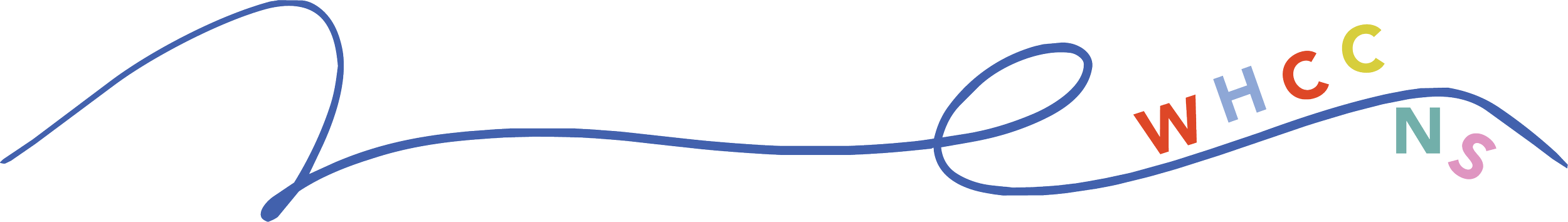 Colorful letters W, H, C, N, and S connected by a blue line with loops, resembling a whimsical diagram or illustration. WHCCNS