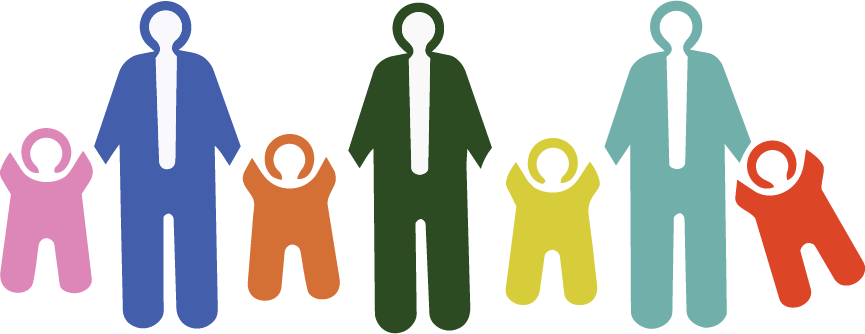 Illustration of five oversized adults holding hands with six children, all in colorful clothing. WHCCNS