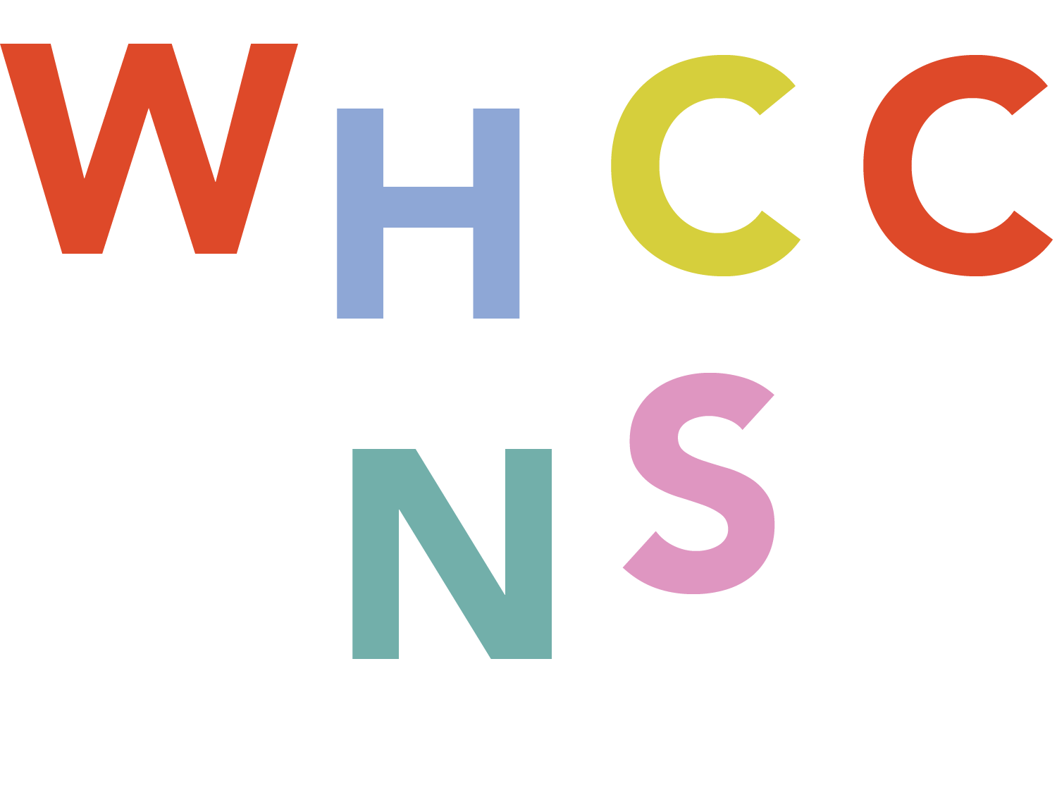 Colorful text that reads "WHCCNS " with each letter in a different pastel color.