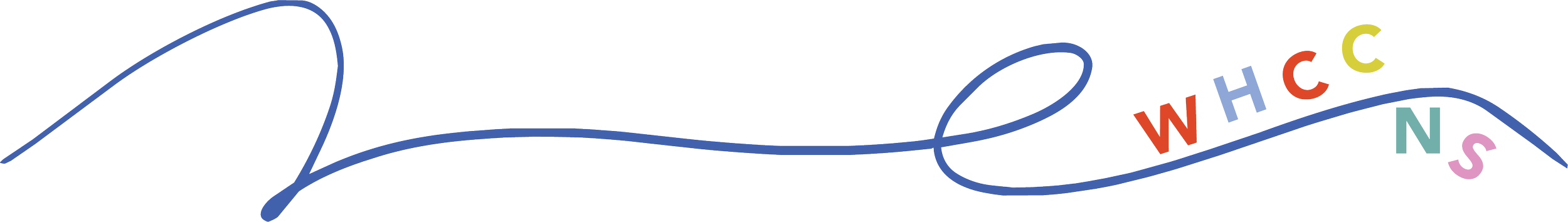 Colorful cartoon DNA strand with letters W, H, C, C, N, and S intertwined in the strand.