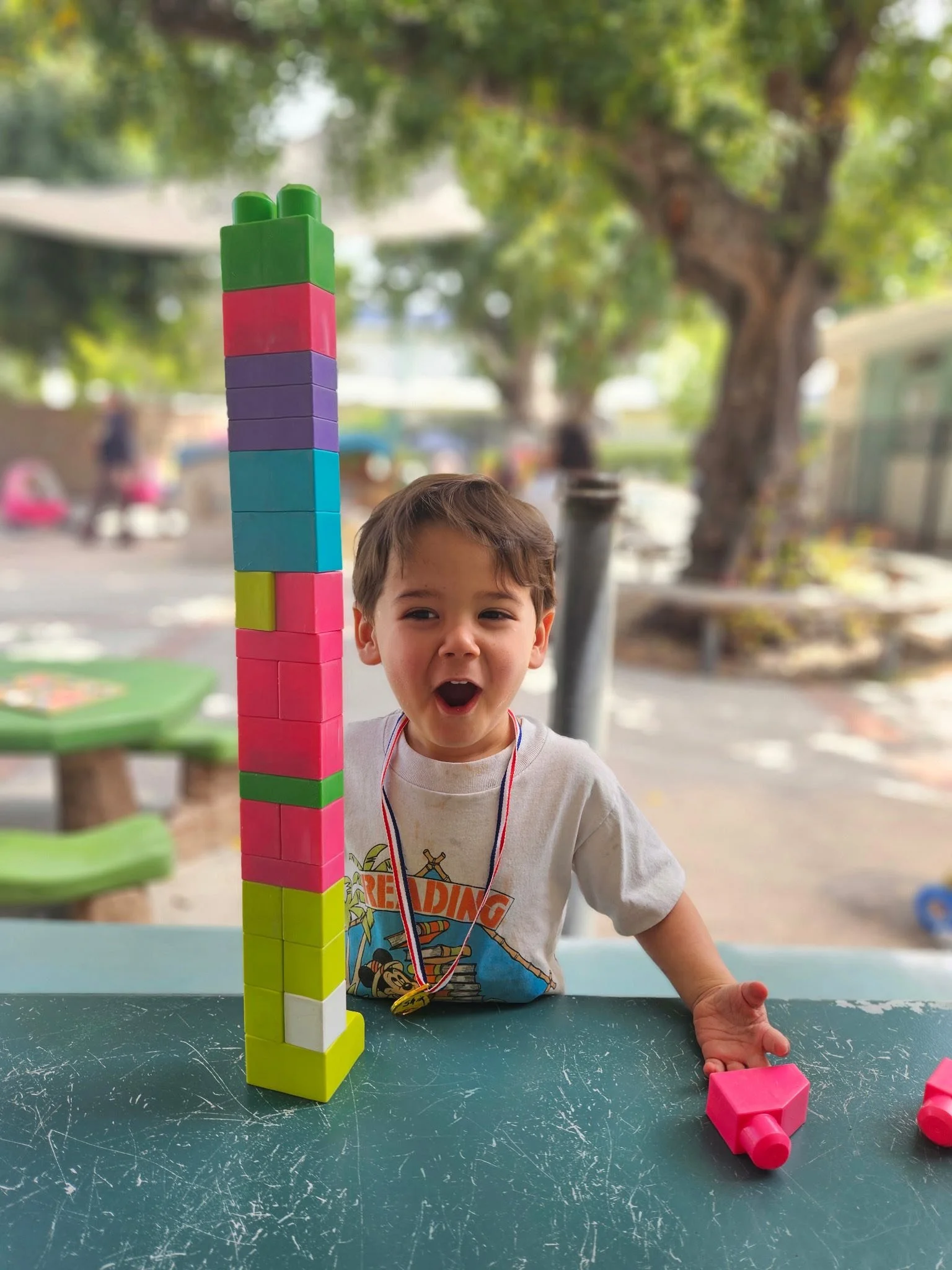 A young boy with a surprised expression, standing behind a colorful tower of building blocks, with a large tree and playground in the background. WHCCNS