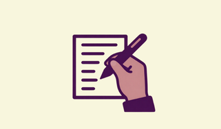 An illustration of a hand holding a pen, writing on a piece of paper.