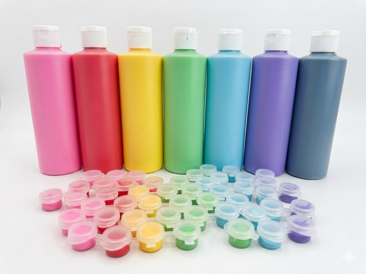 Six bottles of paint in pink, red, yellow, green, blue, purple, and gray, with small open paint containers in corresponding colors in front.