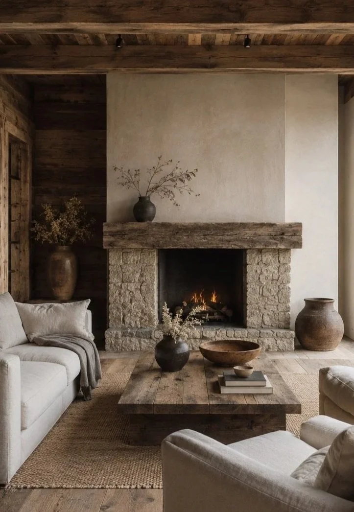 A cozy living room with a stone fireplace, wooden mantel, and neutral-colored furniture. Decor includes vases with dried flowers on the mantel and side tables, with a fire burning inside the fireplace.