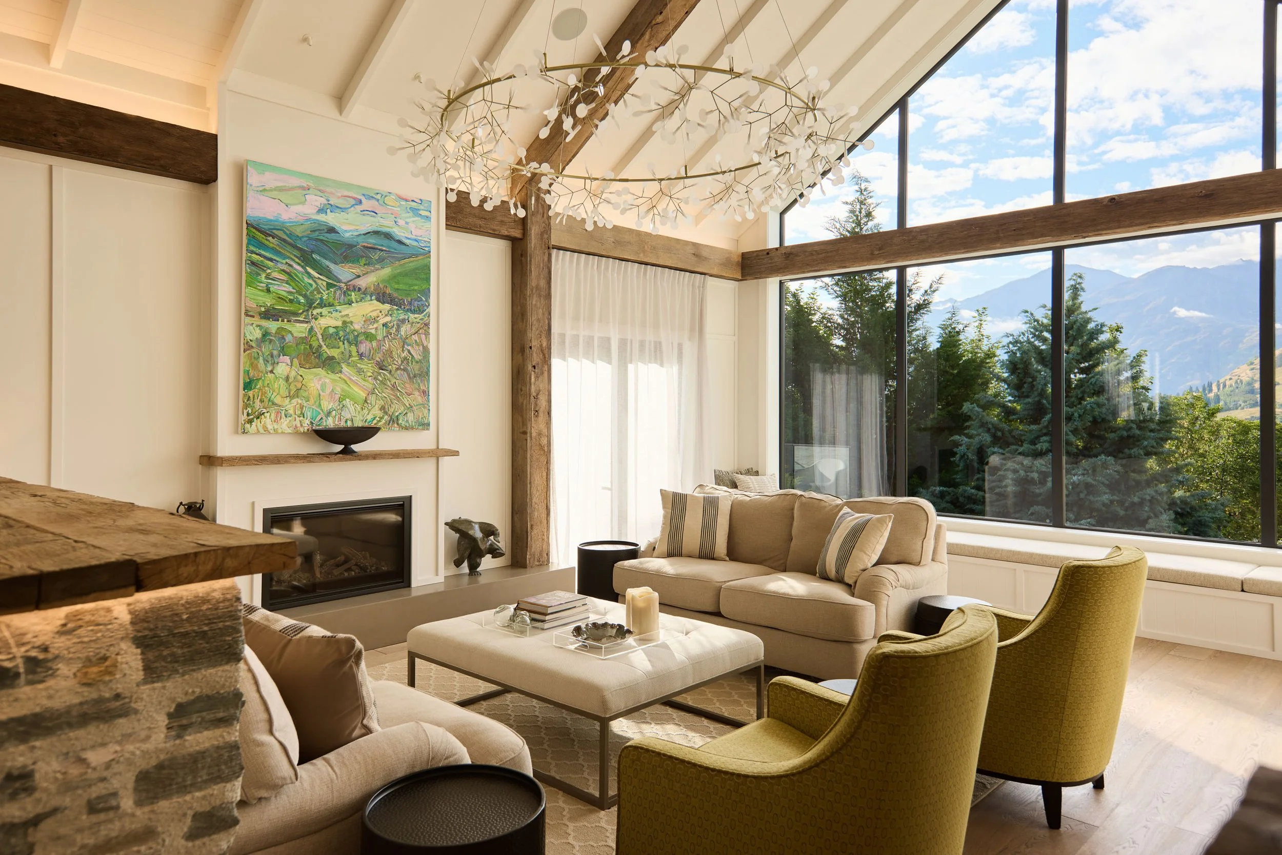 Living room with large rustic wooden beams, antique oak beams