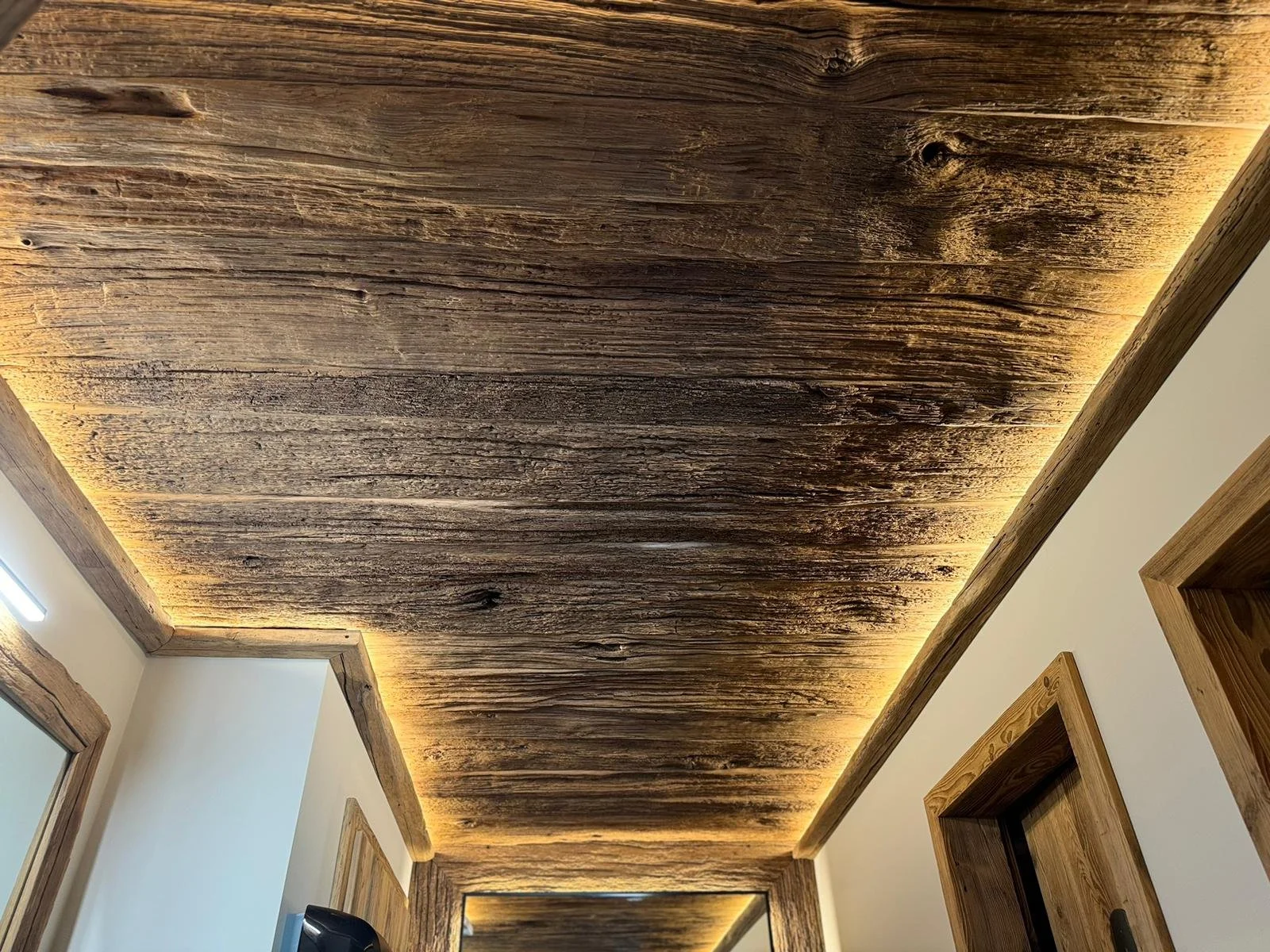 Close-up view of a wooden ceiling rustic oak