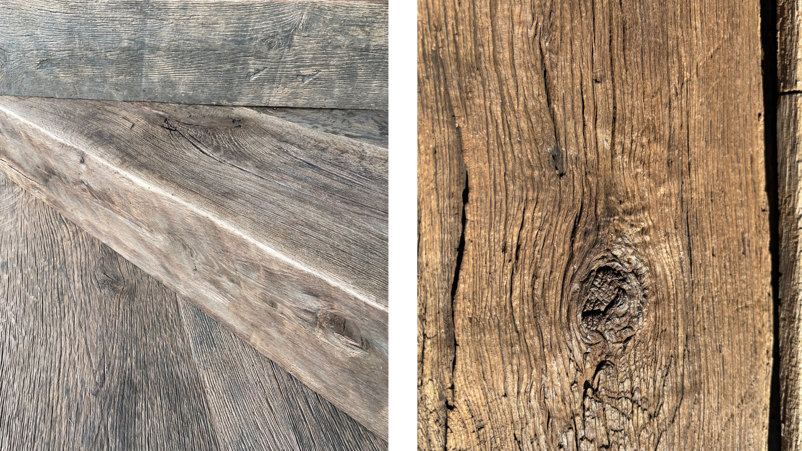 Close-up detail of reclaimed oak timber showing aged grain, knots, cracks, natural patina and surface texture, highlighting the authentic character of antique European oak.