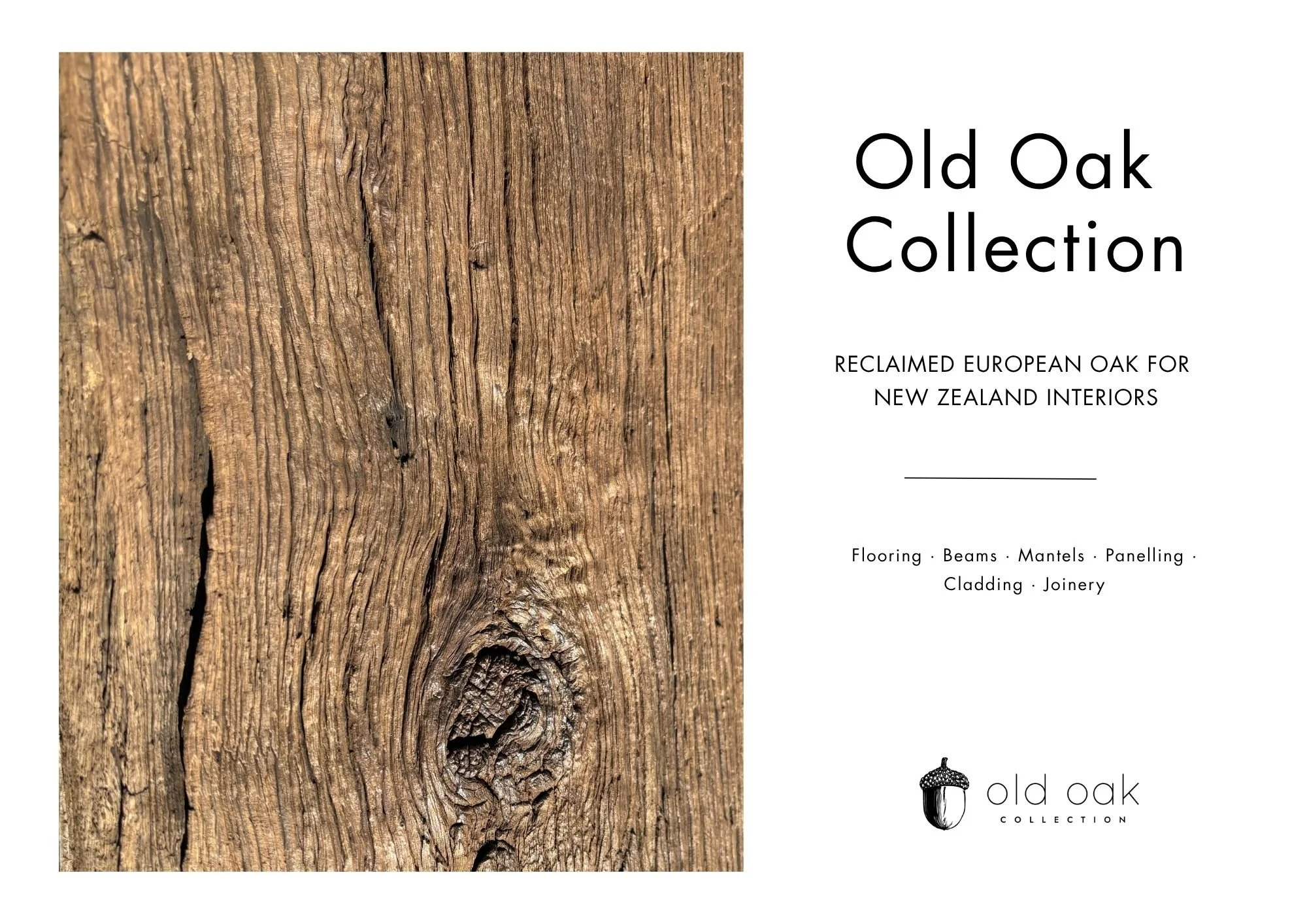 Close-up of textured, weathered old oak wood with prominent grain and knots, part of a brochure or catalog page for Old Oak Collection featuring reclaimed European oak for interior use.