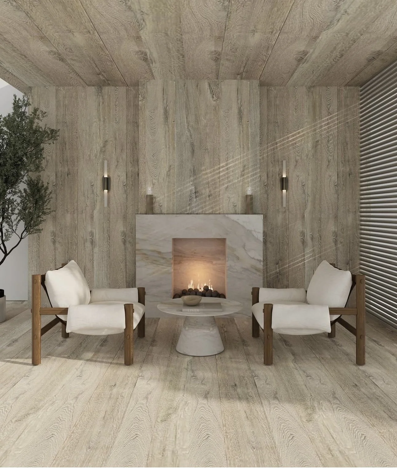 Light grey oak wall panelling used as a feature wall in a warm interior with fireplace and