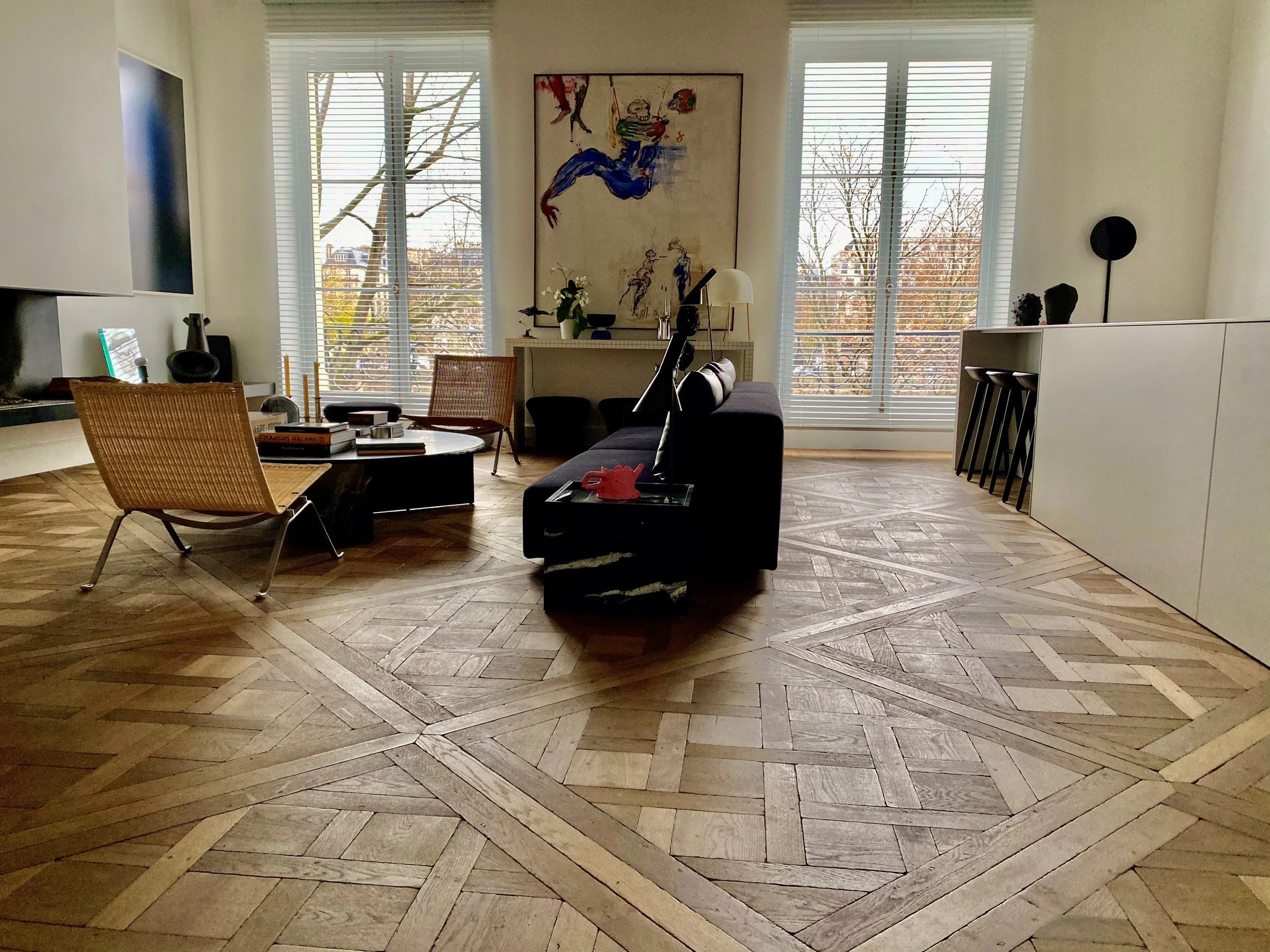 Living room with wooden parquet floor, Antique oak