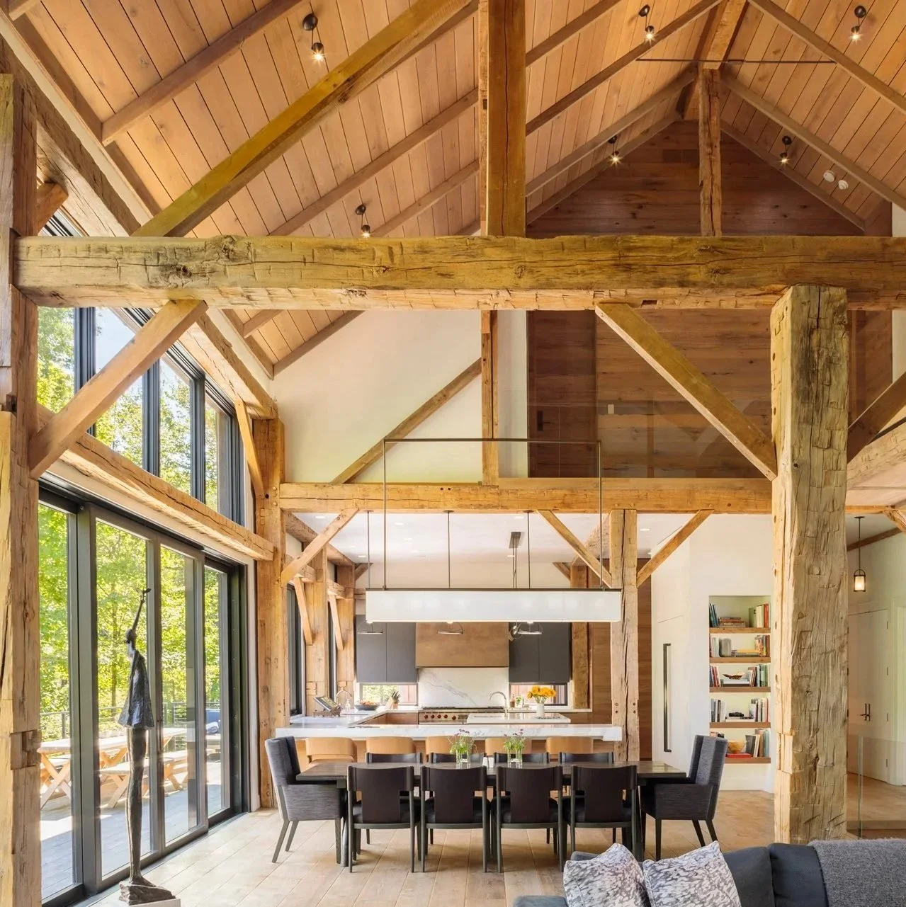 Modern home with high vaulted timber ceiling and exposed oak beams