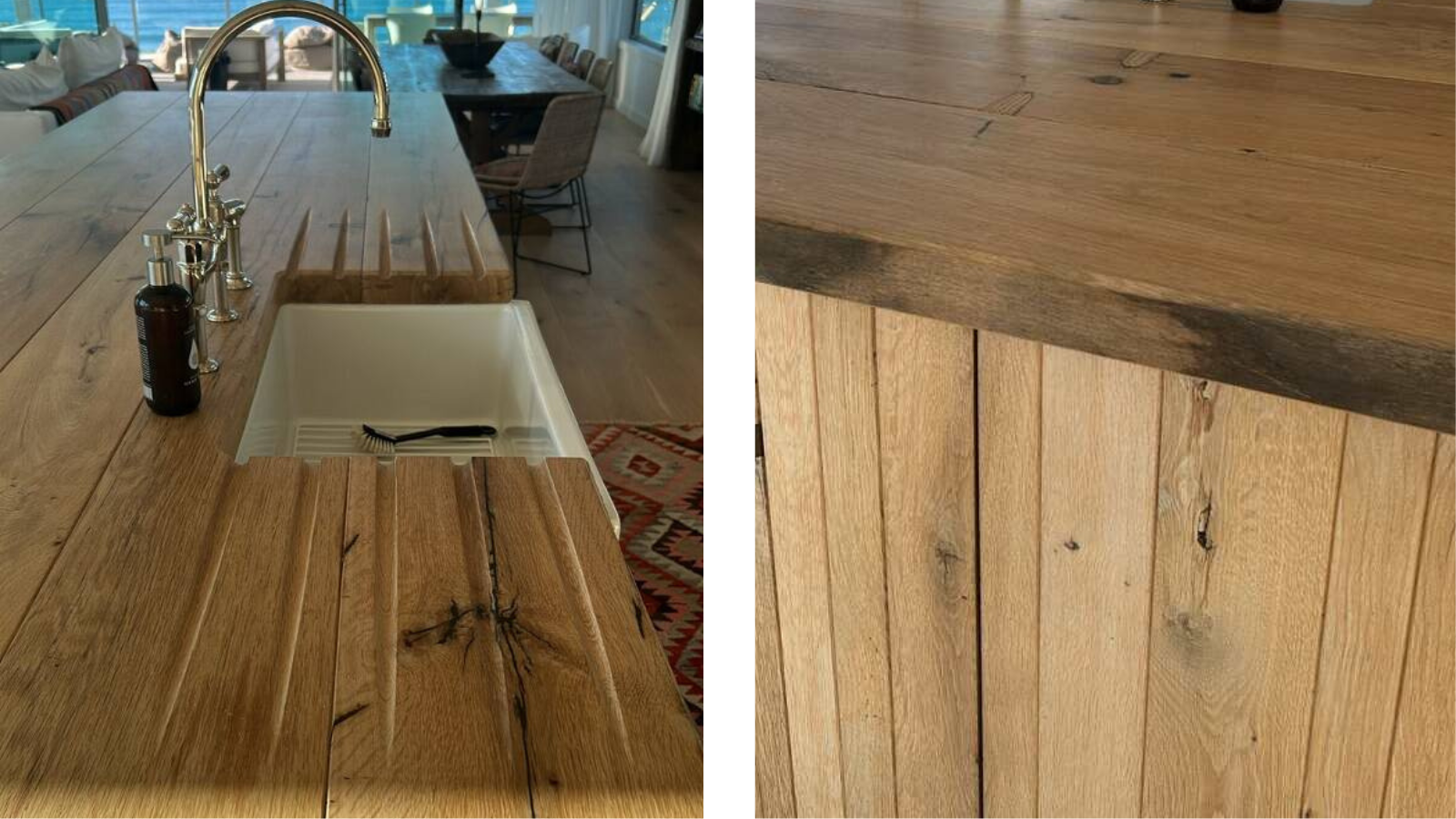 Custom oak kitchen benchtop and island joinery with warm timber grain, natural knots and aged oak character.