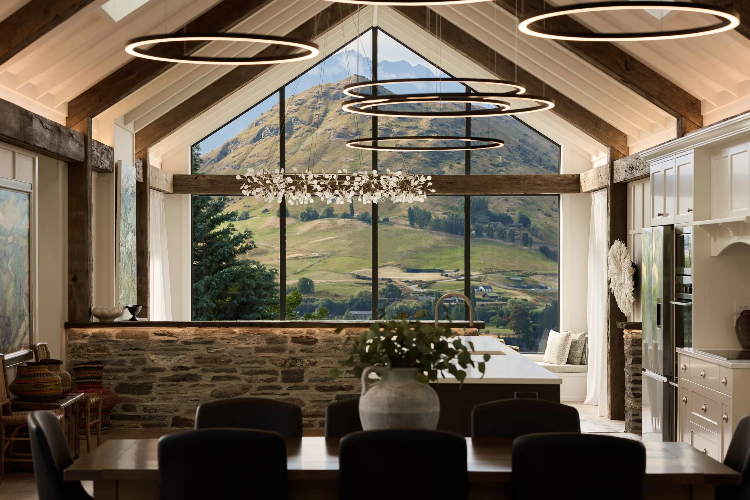 Modern interior with old rustic wooden beams.