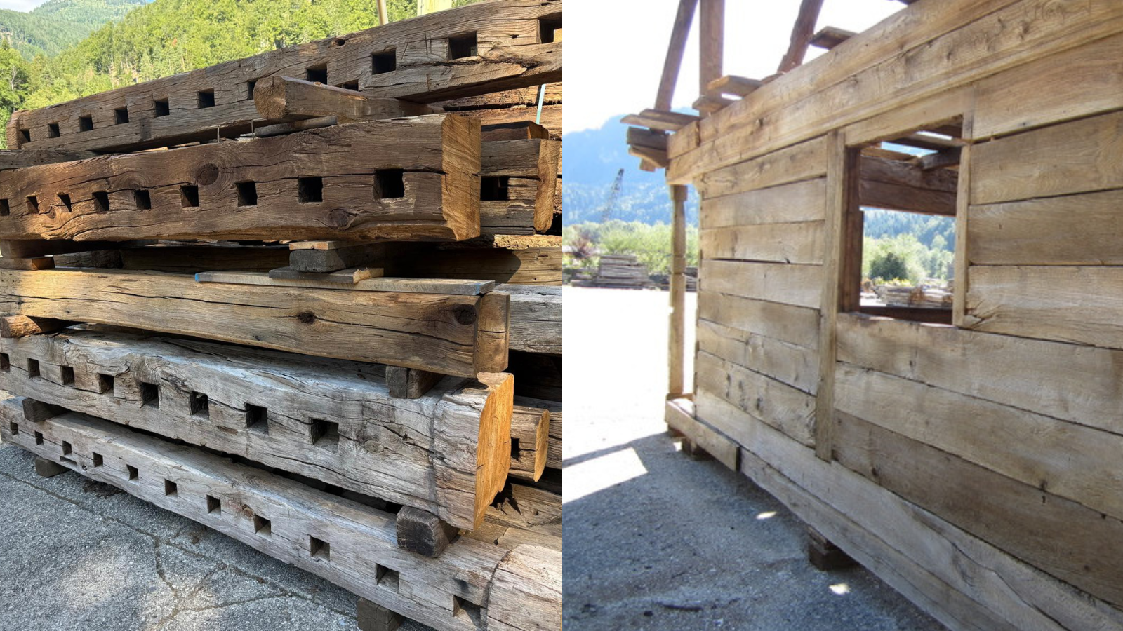 Reclaimed European oak beams with traditional mortise joints beside an old timber building.