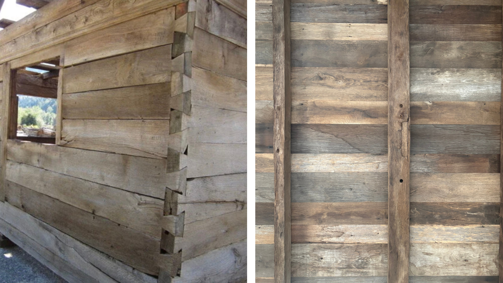 Reclaimed European oak cladding and antique timber wall lining with natural patina, aged grain and weathered tonal variation, showing the authentic character of historic oak.