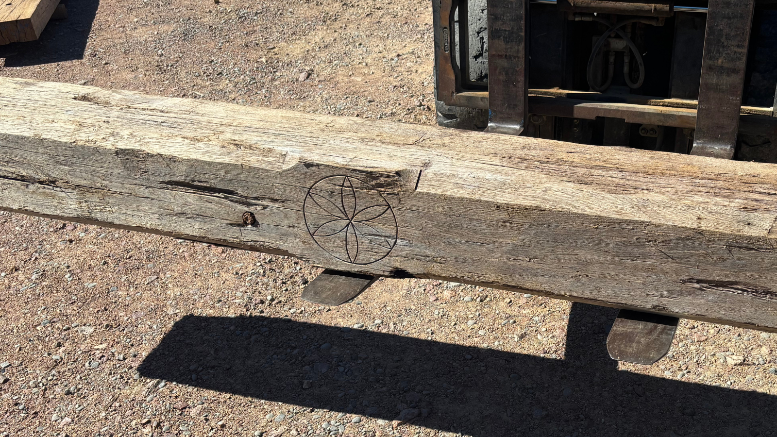 Reclaimed European oak beam showing a historic circular marking, weathered grain and original aged surface character.